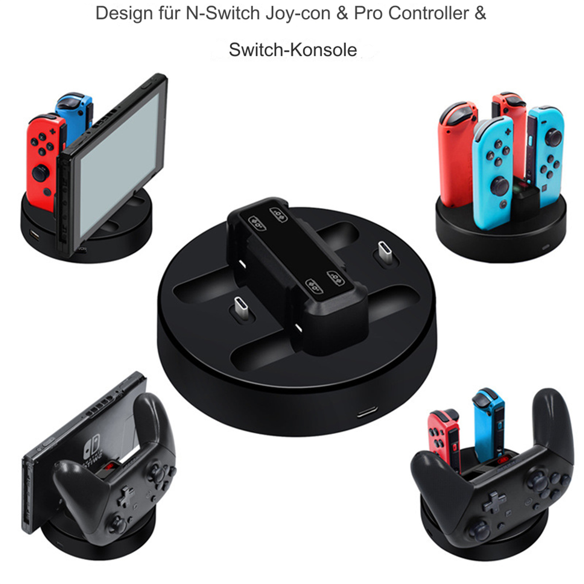 Schwarze Ladestation. Zeigt eine Nintendo Switch mit Controllern in verschiedenen Konfigurationen.