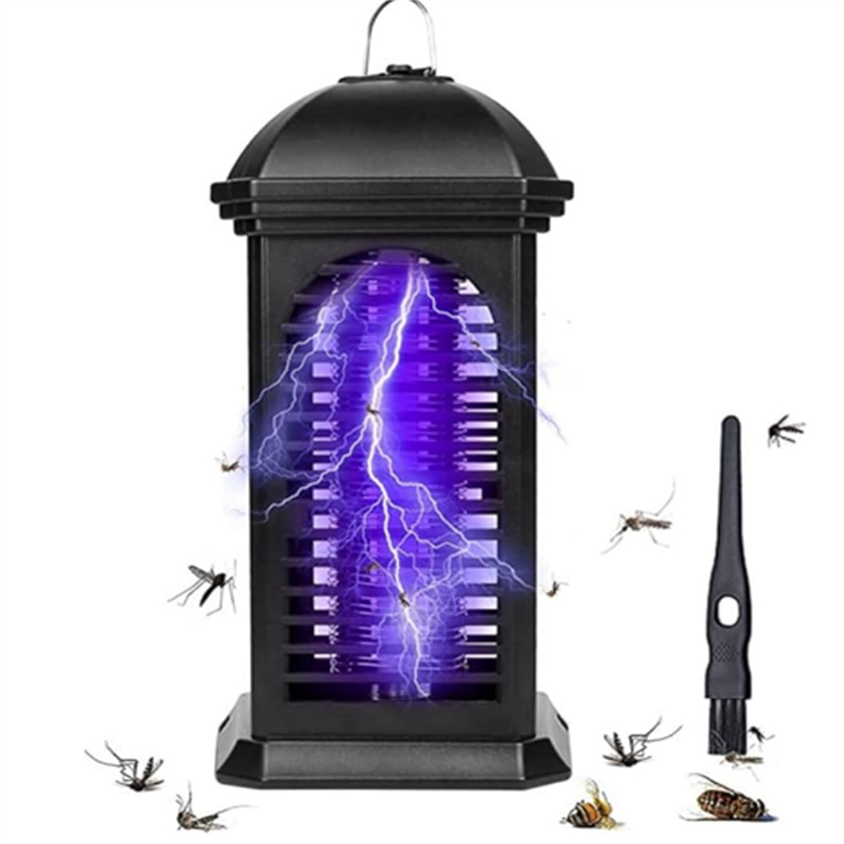 Schwarzer Insektenvernichter, der violettes Licht aussendet. Fliegen und ein Käfer. Weißer Hintergrund.