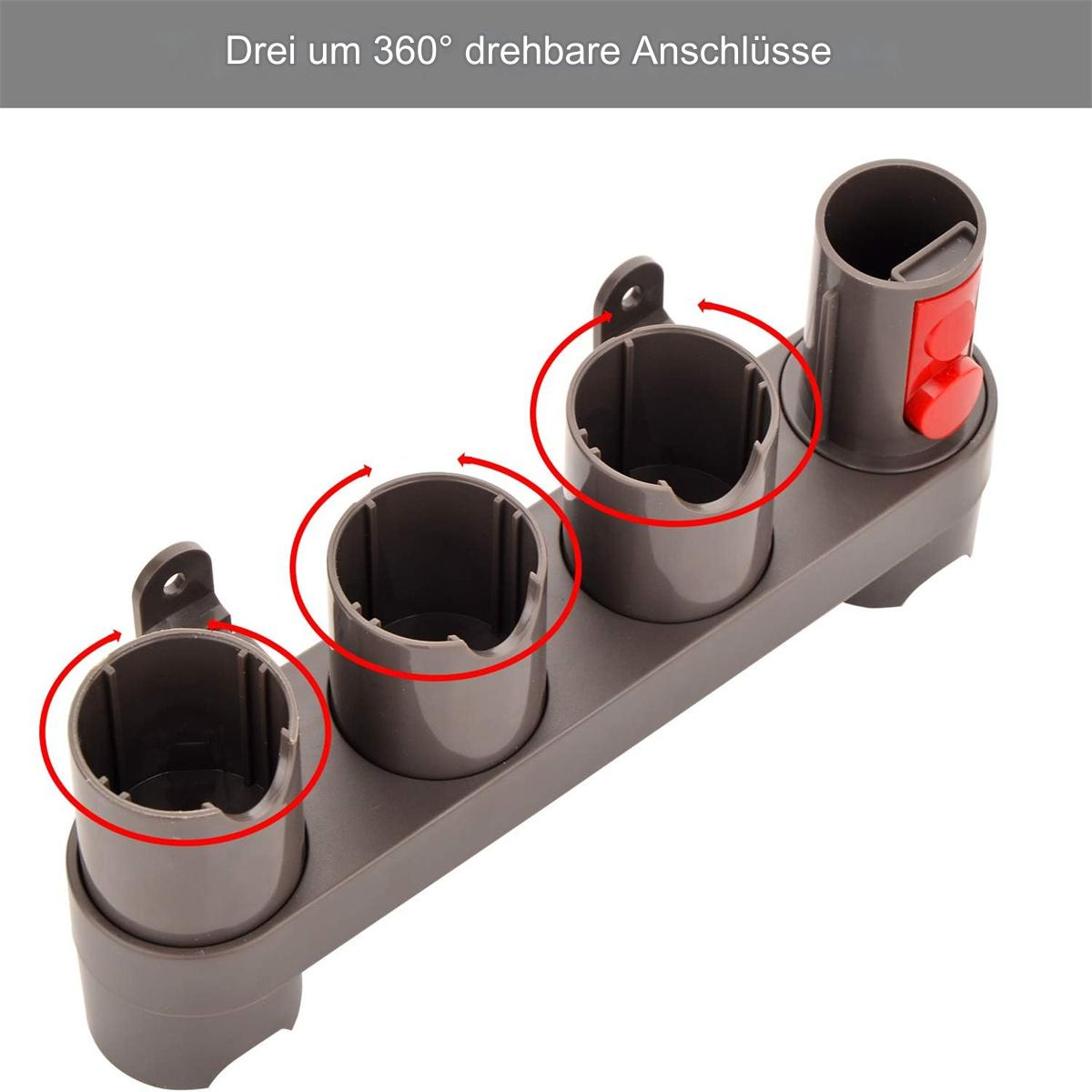 Ein grauer Kunststoffhalter mit drei kreisförmigen Öffnungen und einem roten Knopf. Die Öffnungen sind für Staubsaugeraufsätze.