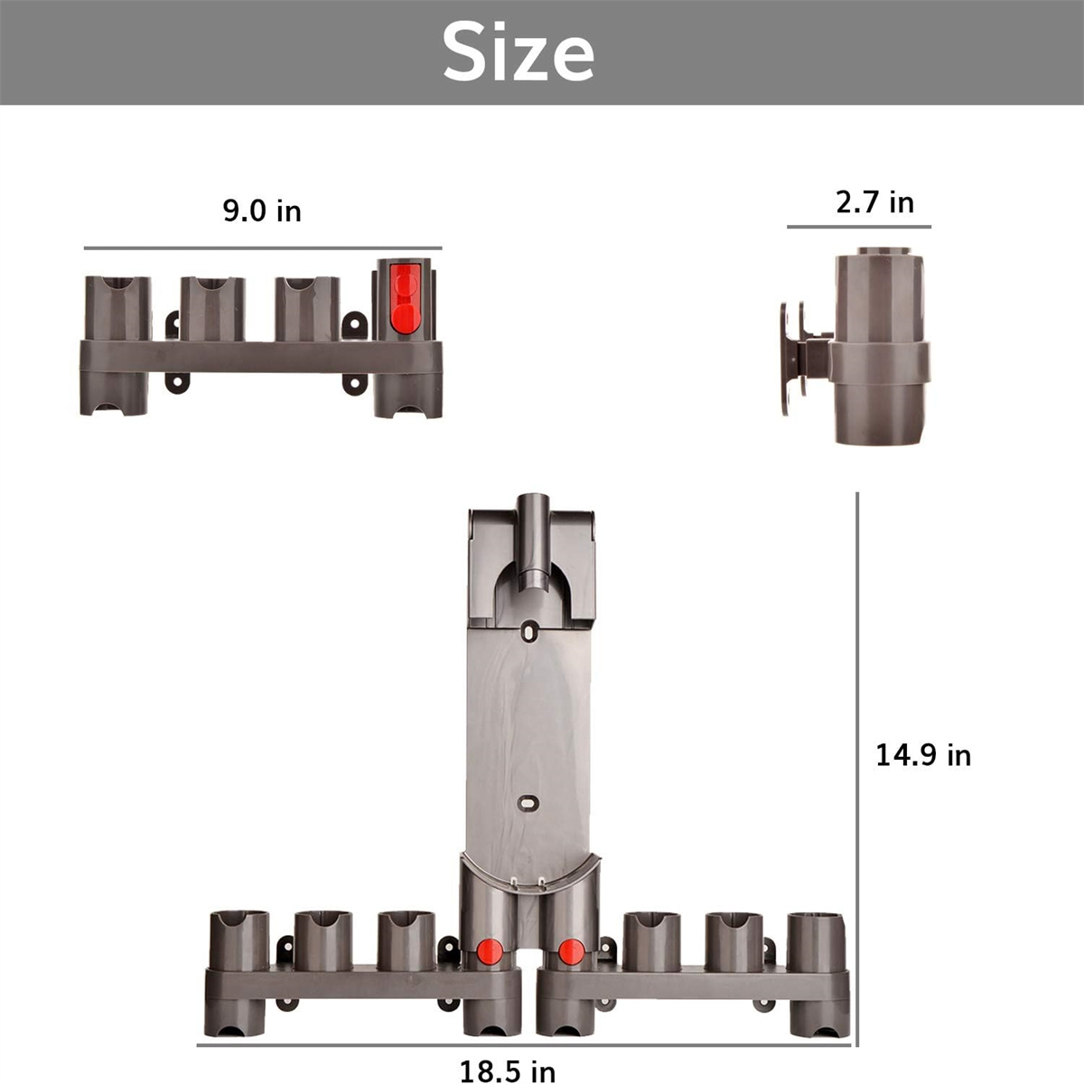 Diagramm mit den Abmessungen eines Staubsaugeraufsatzes. Verschiedene Anbauteile werden mit Messungen dargestellt.