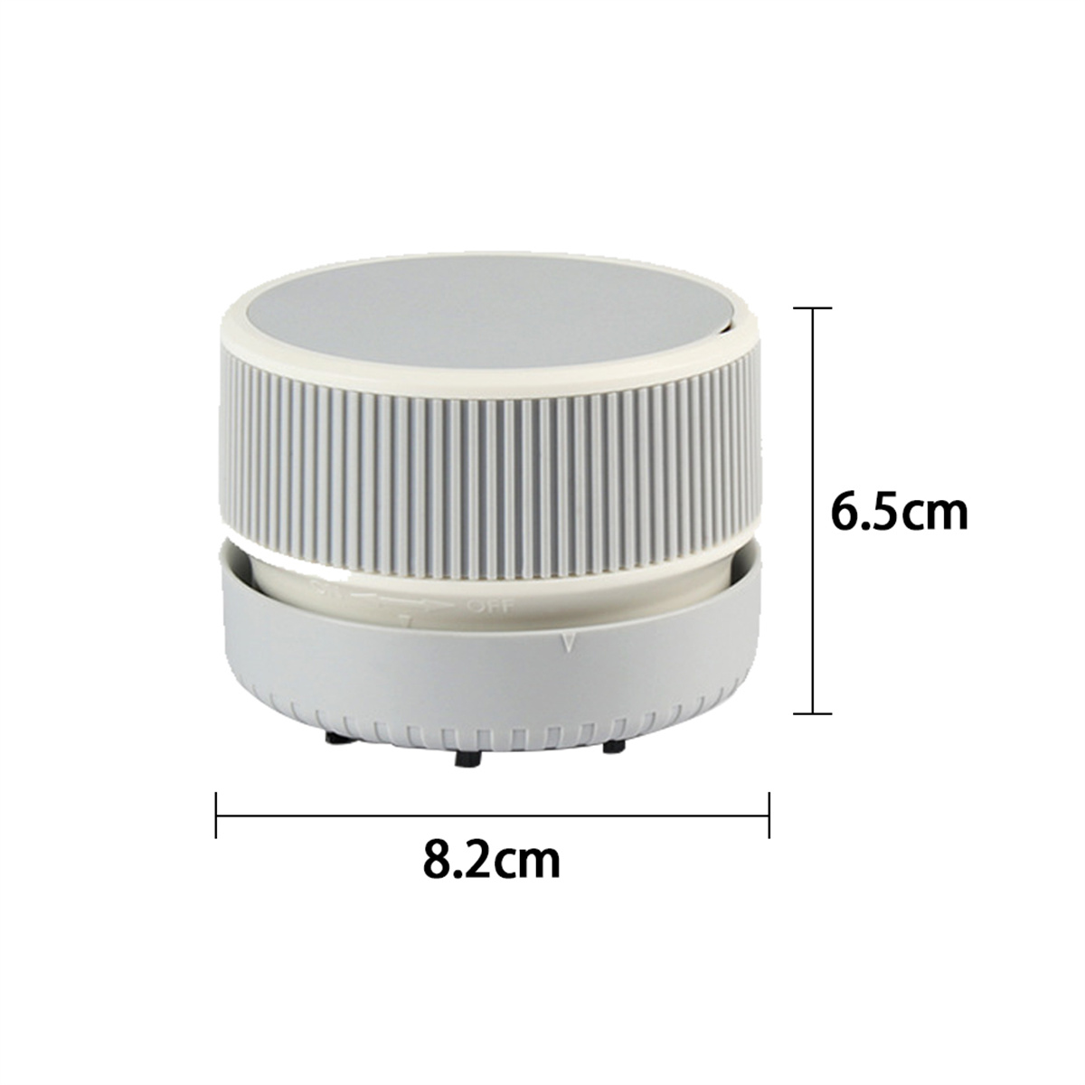 Kompakter, grau-weißer Mini-Staubsauger. Die Abmessungen betragen 8,2 cm x 6,5 cm.