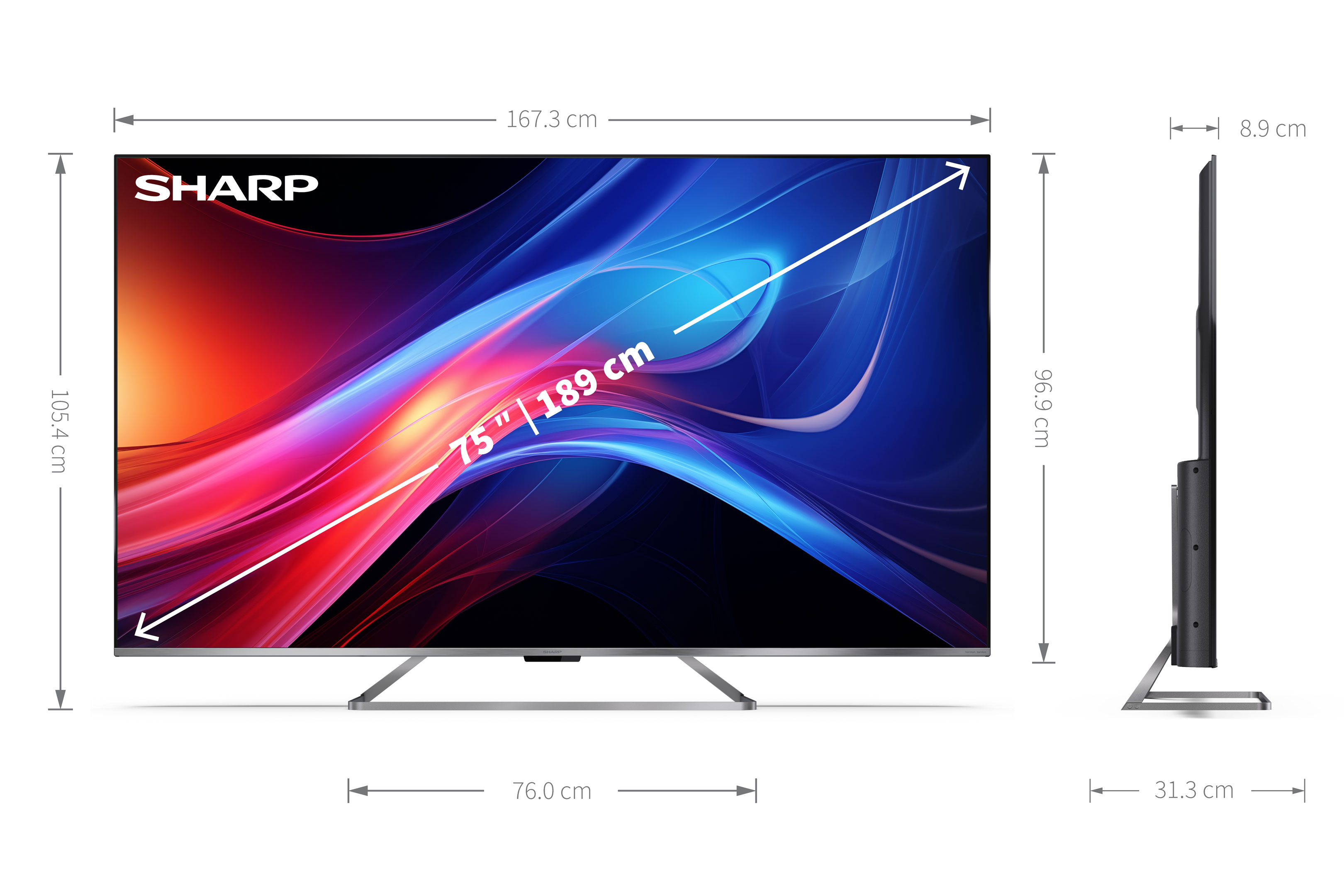 A large screen TV with dimensions. The screen displays colorful waves. Measurements include width, height, and depth.