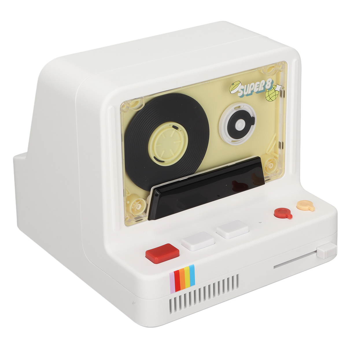 Weißer Retro-Kassettenrekorder mit Kassette, roten, weißen und gelben Knöpfen. Regenbogenstreifen.