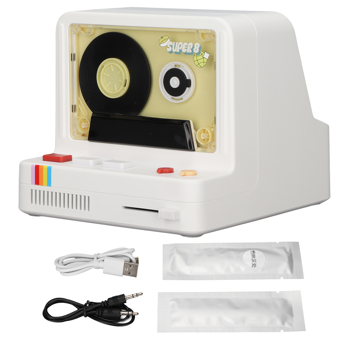 Weißes Gerät im Retro-Stil mit sichtbarem Kassettenband. Es hat Knöpfe, ein Display und einen Regenbogenstreifen.