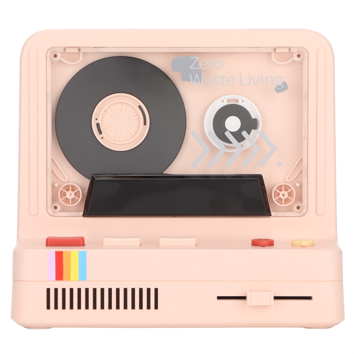 Rosa Lautsprecher im Retro-Stil mit Kassettenband-Display. Es hat regenbogenfarbene Knöpfe.