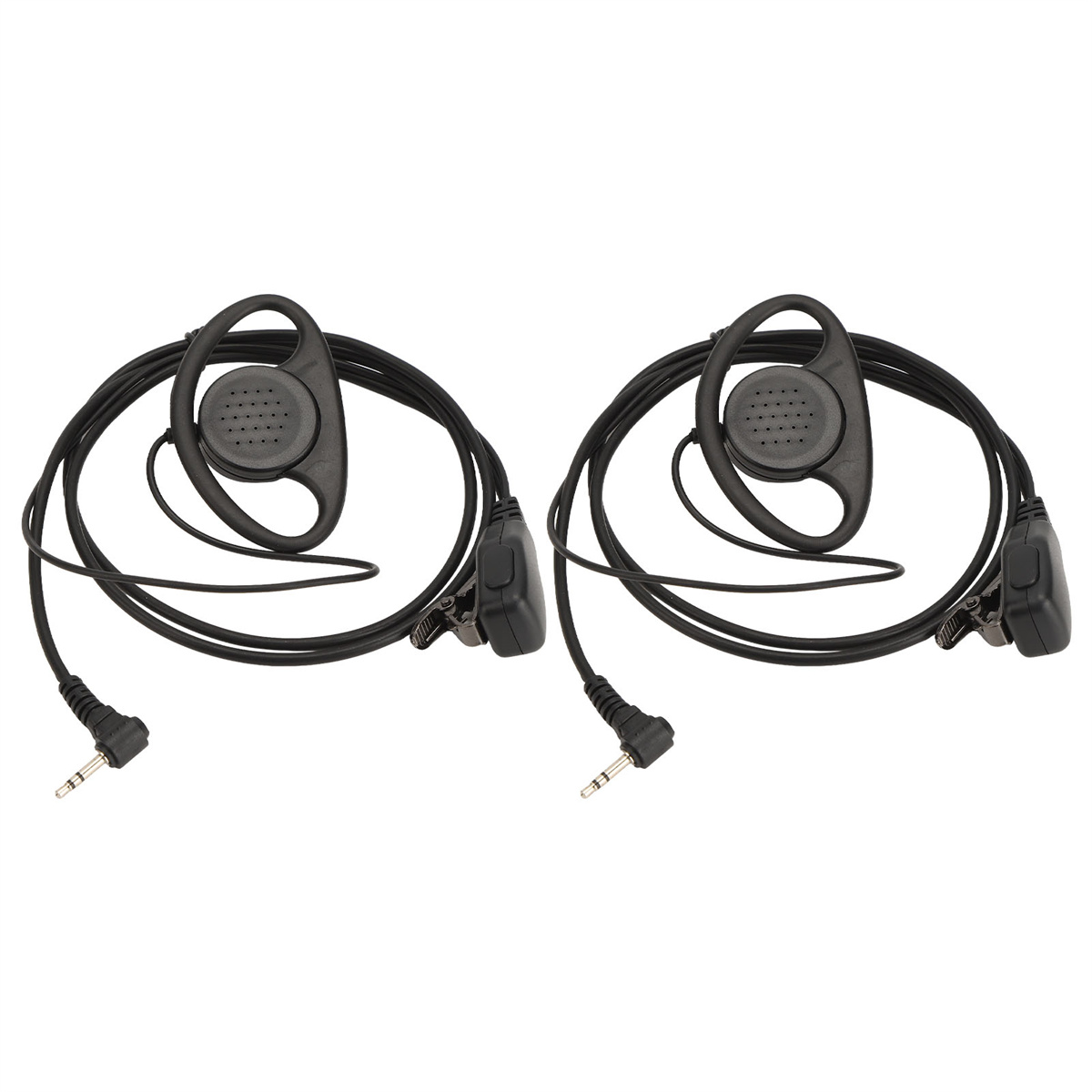 Zwei schwarze Ohrbügel-Headsets. Jeweils mit schwarzem Ohrhörer und Clip. Kabel verbinden sich mit Klinke.
