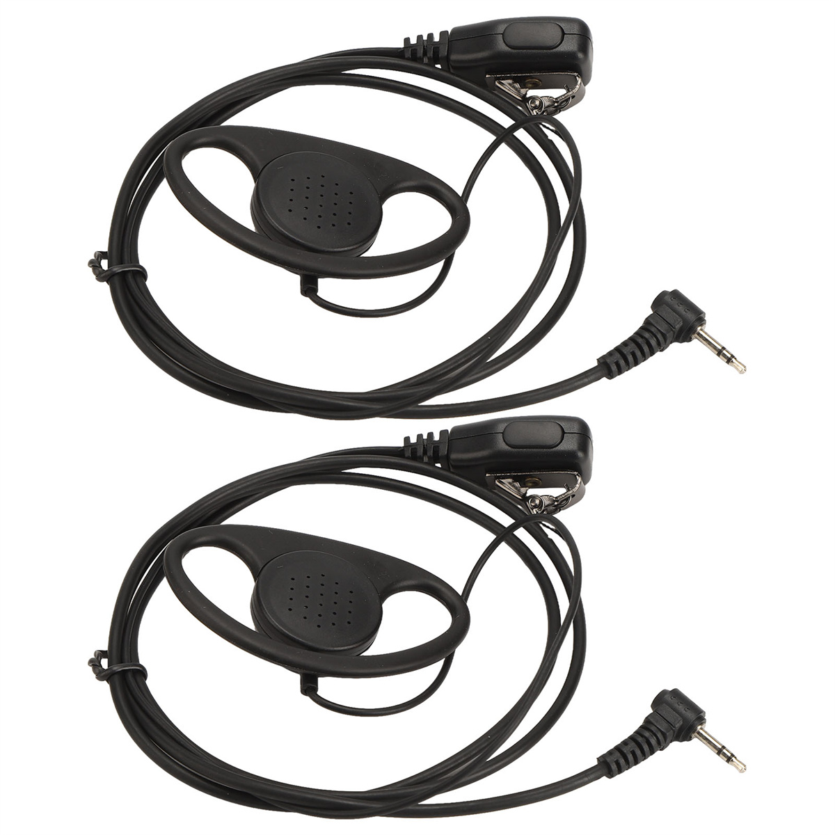 Zwei schwarze Walkie-Talkie-Ohrhörer mit schwarzen Kabeln und einer einzigen Taste.
