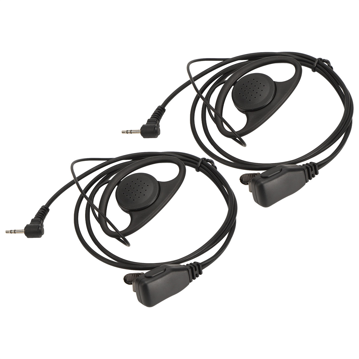 Zwei schwarze Walkie-Talkie-Headsets. Jedes hat einen Ohrbügel, Lautsprecher und Mikrofon mit Clip.