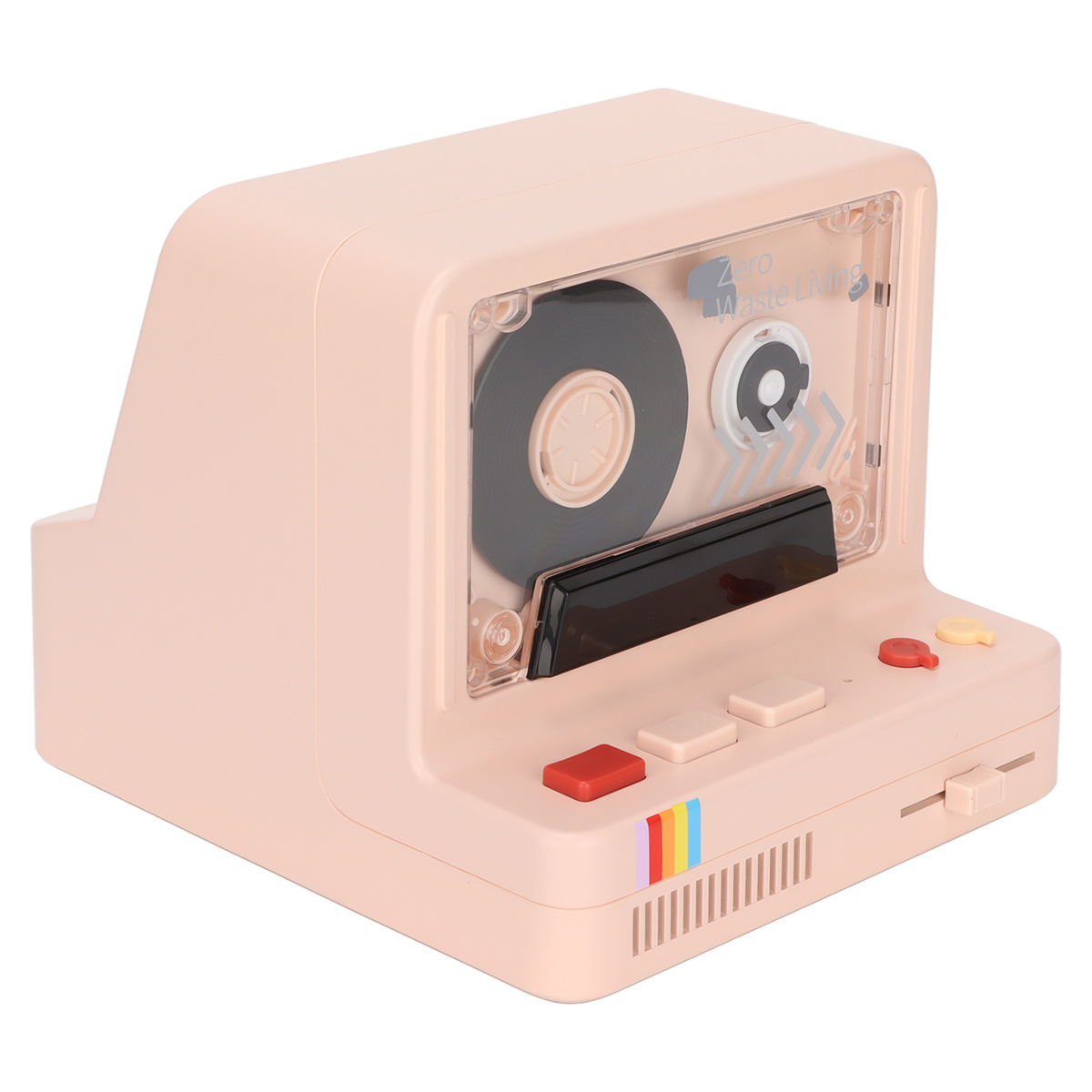 Ein rosa Retro-Kassettenabspielgerät mit Knöpfen.