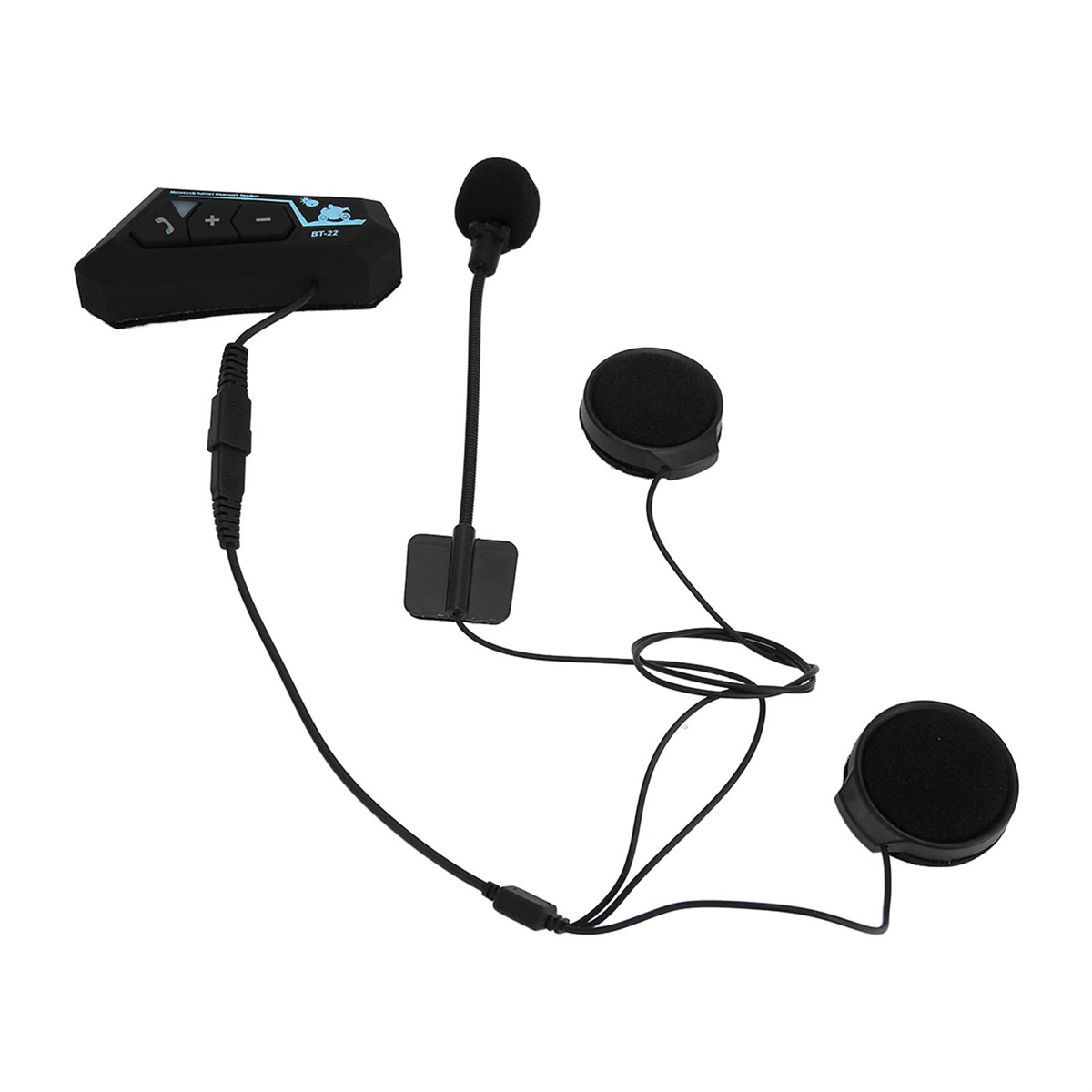 Komponenten eines Motorradhelm-Headsets. Enthält eine Steuereinheit, ein Mikrofon und zwei Ohrlautsprecher.