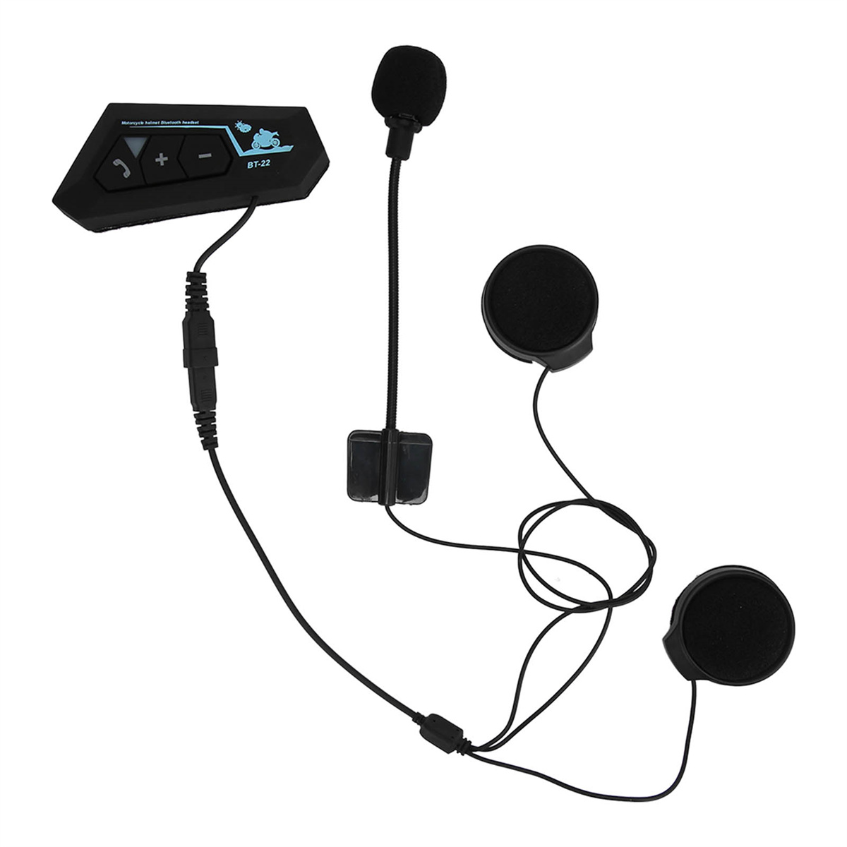 Motorrad-Bluetooth-Headset-Komponenten. Enthält Headset, Mikrofon und zwei Lautsprecher.