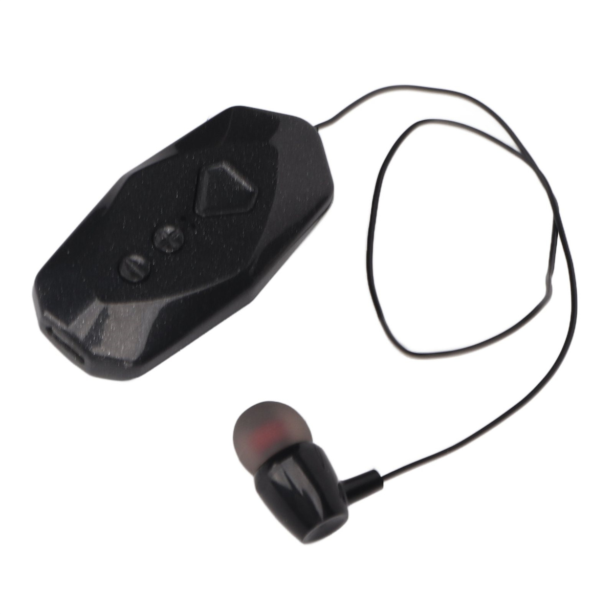 Ein schwarzer Ohrhörer und ein schwarzes Bedienfeld mit zwei Tasten und einem Anschluss. Ein schwarzes Kabel verbindet sie.