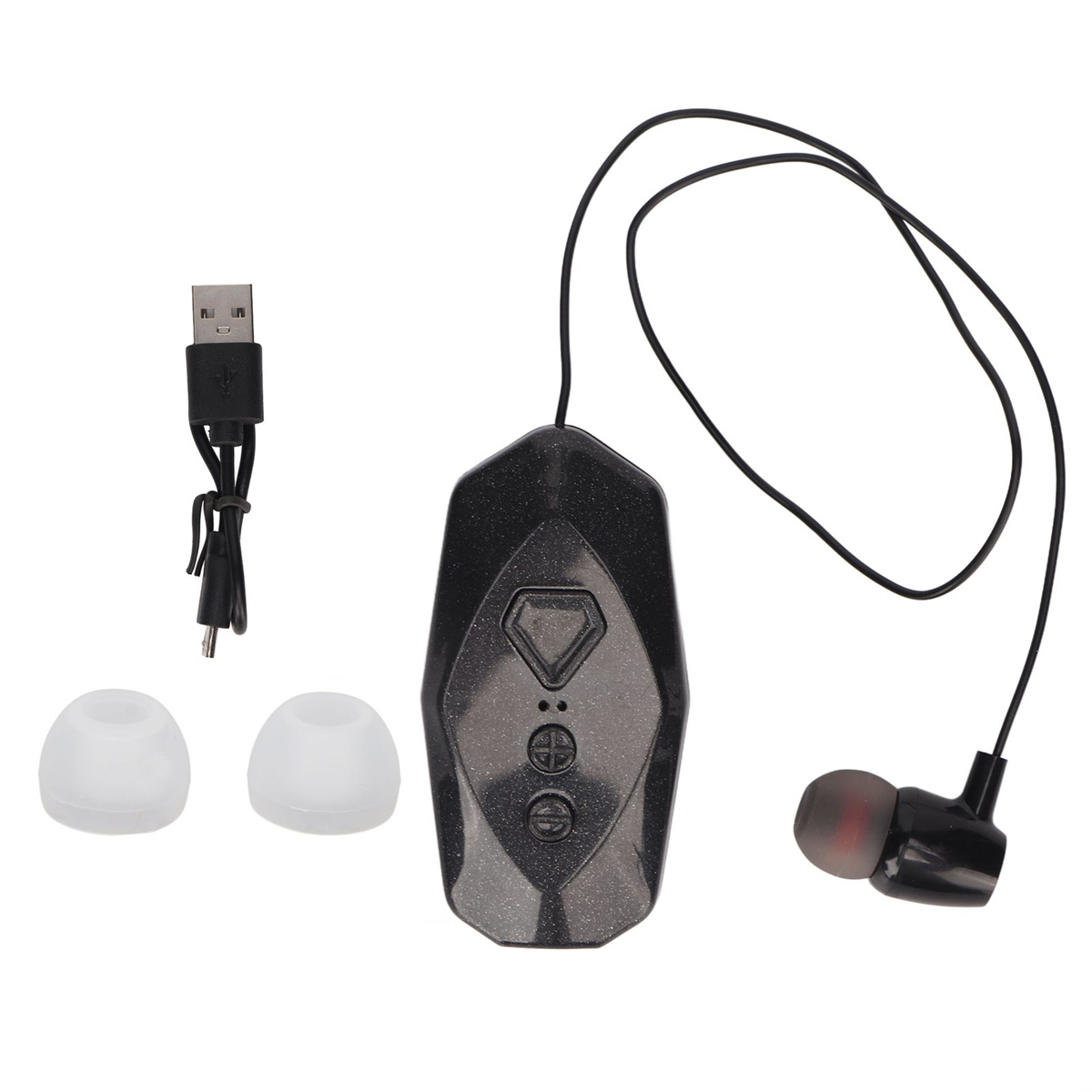 Schwarzes Bluetooth-Gerät, Ohrhörer und USB-Ladekabel.