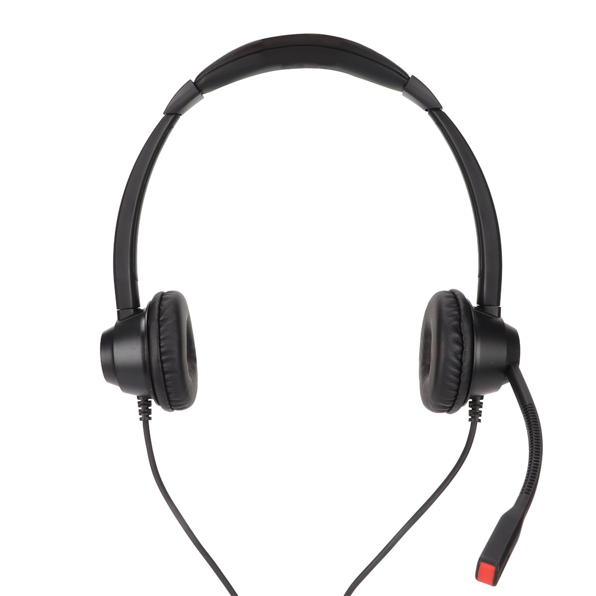 Schwarzes Headset mit zwei Ohrmuscheln und einem Mikrofon. Es hat eine rote Taste. Weißer Hintergrund.