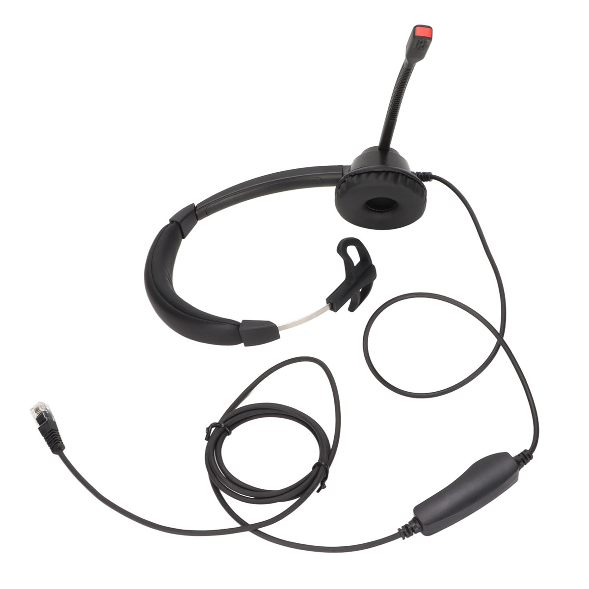 Ein schwarzes Headset mit Mikrofon und USB-Anschluss. Es hat einen flexiblen Ausleger und eine Inline-Steuerung.