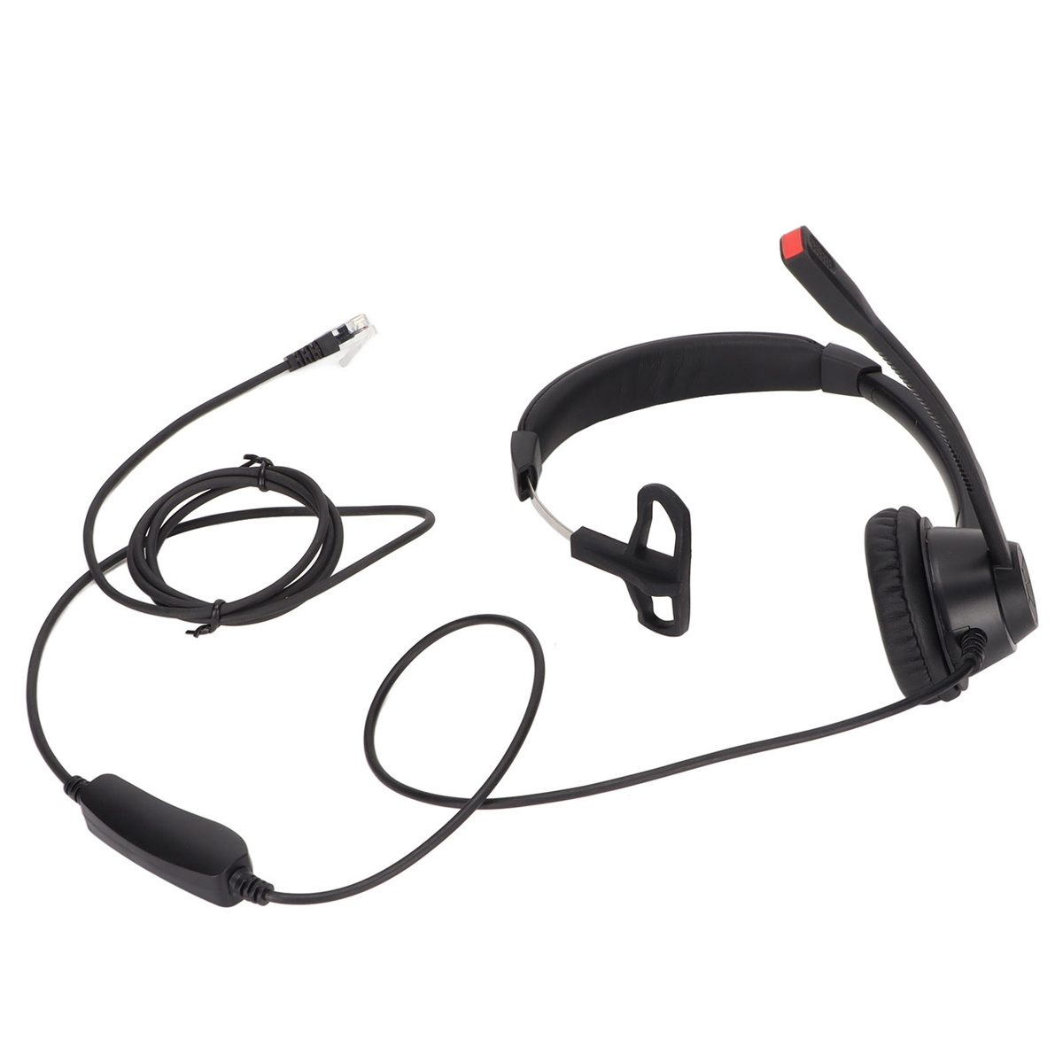 Schwarzes Headset mit Mikrofon und Kabel. Der Stecker befindet sich auf der linken Seite. Der rote Knopf ist am Mikrofon.