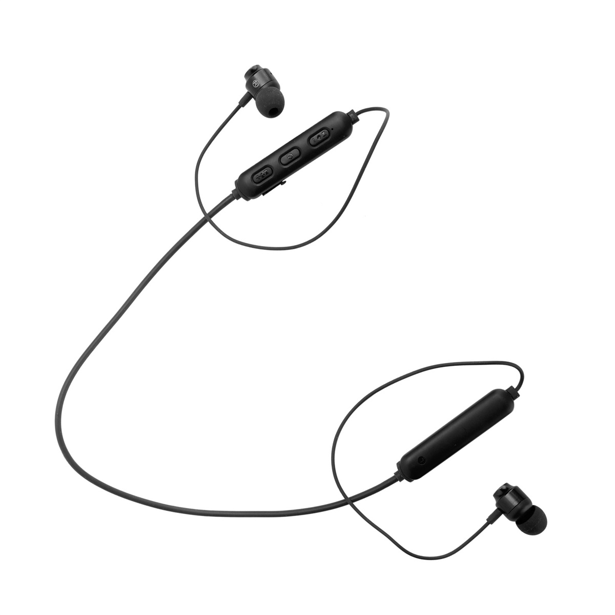 Schwarze Bluetooth-Ohrhörer mit Verbindungsdraht. Ein schwarzes Bedienfeld befindet sich am Draht.