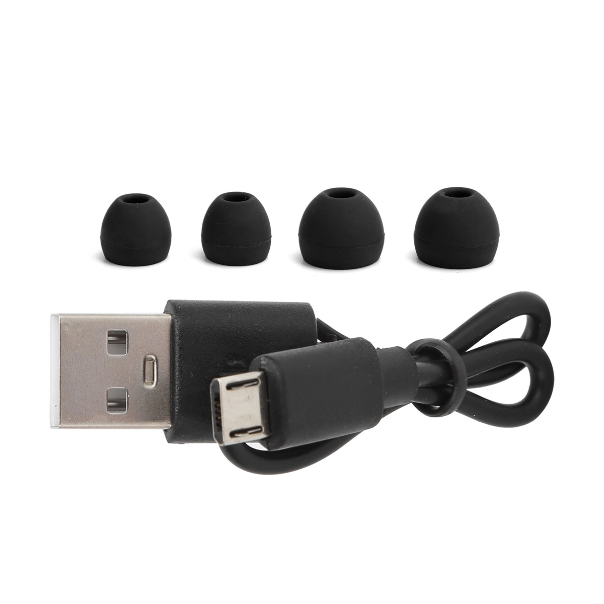 Schwarzes USB-Kabel mit vier schwarzen Ohrstöpseln. Weißer Hintergrund.