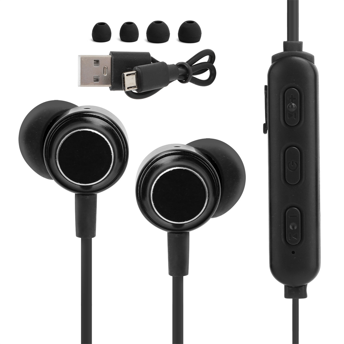 Schwarze Ohrhörer mit Mikrofon und USB-Kabel sowie zusätzlichen Ohrstöpseln.