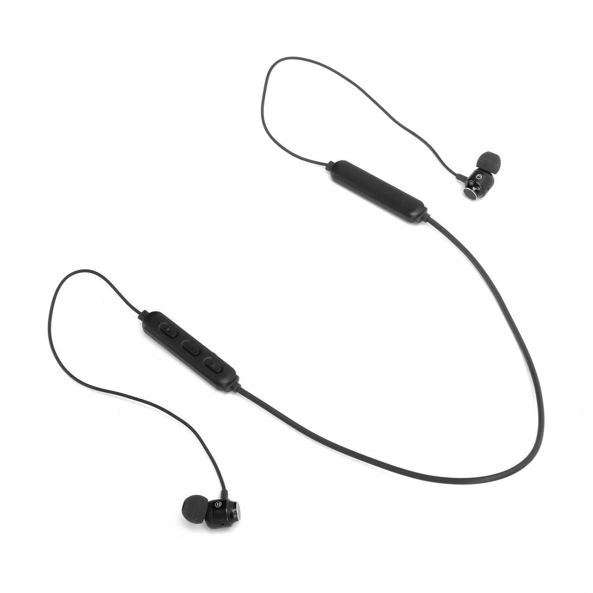 Schwarze, kabellose Ohrhörer, verbunden mit einer schwarzen Steuerbox und einem Kabel.