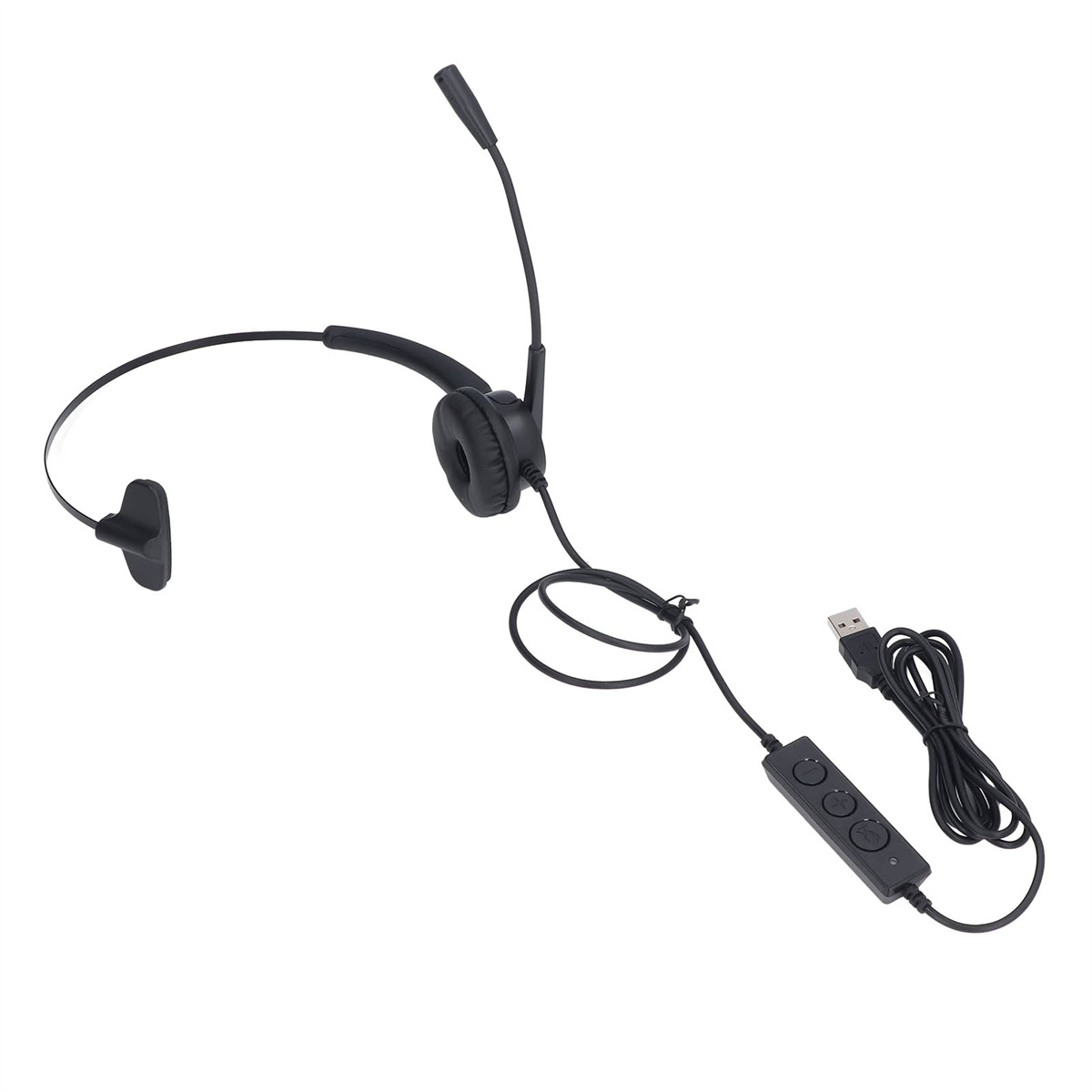 Schwarzes Headset mit Mikrofon und USB-Anschluss. Weißer Hintergrund.