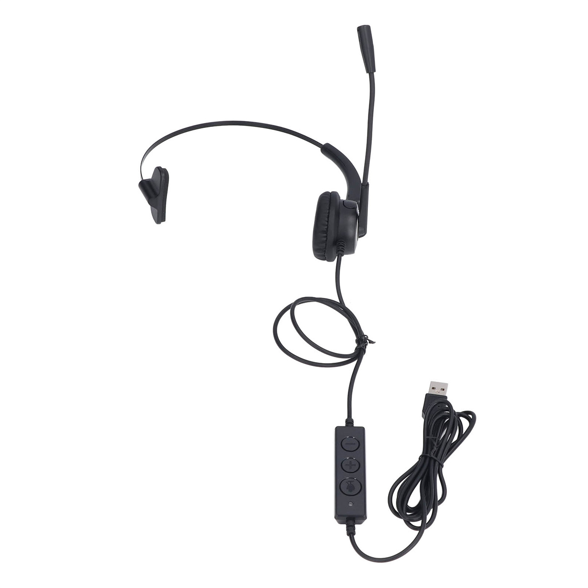 Ein schwarzes Headset mit Bügelmikrofon und USB-Anschluss. Es ist vor weißem Hintergrund.