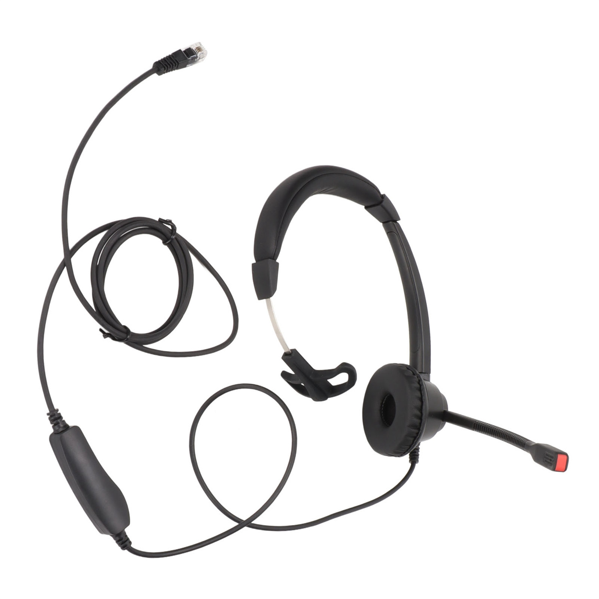 Schwarzes Headset mit Mikrofon und Kabel, mit Ethernet-Anschluss.