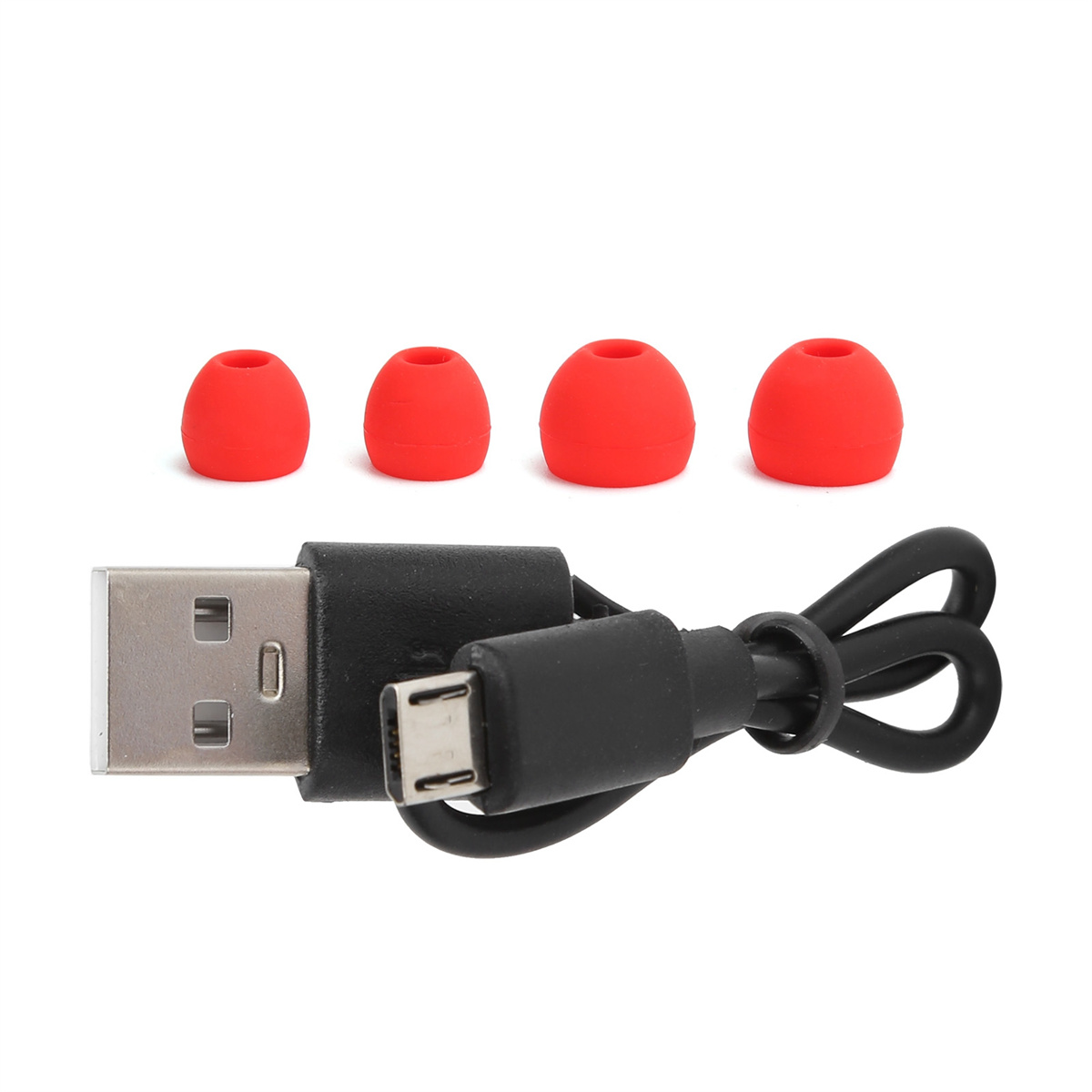 USB-Kabel und vier rote Ohrstöpsel. Kabel hat einen USB- und Micro-USB-Anschluss.