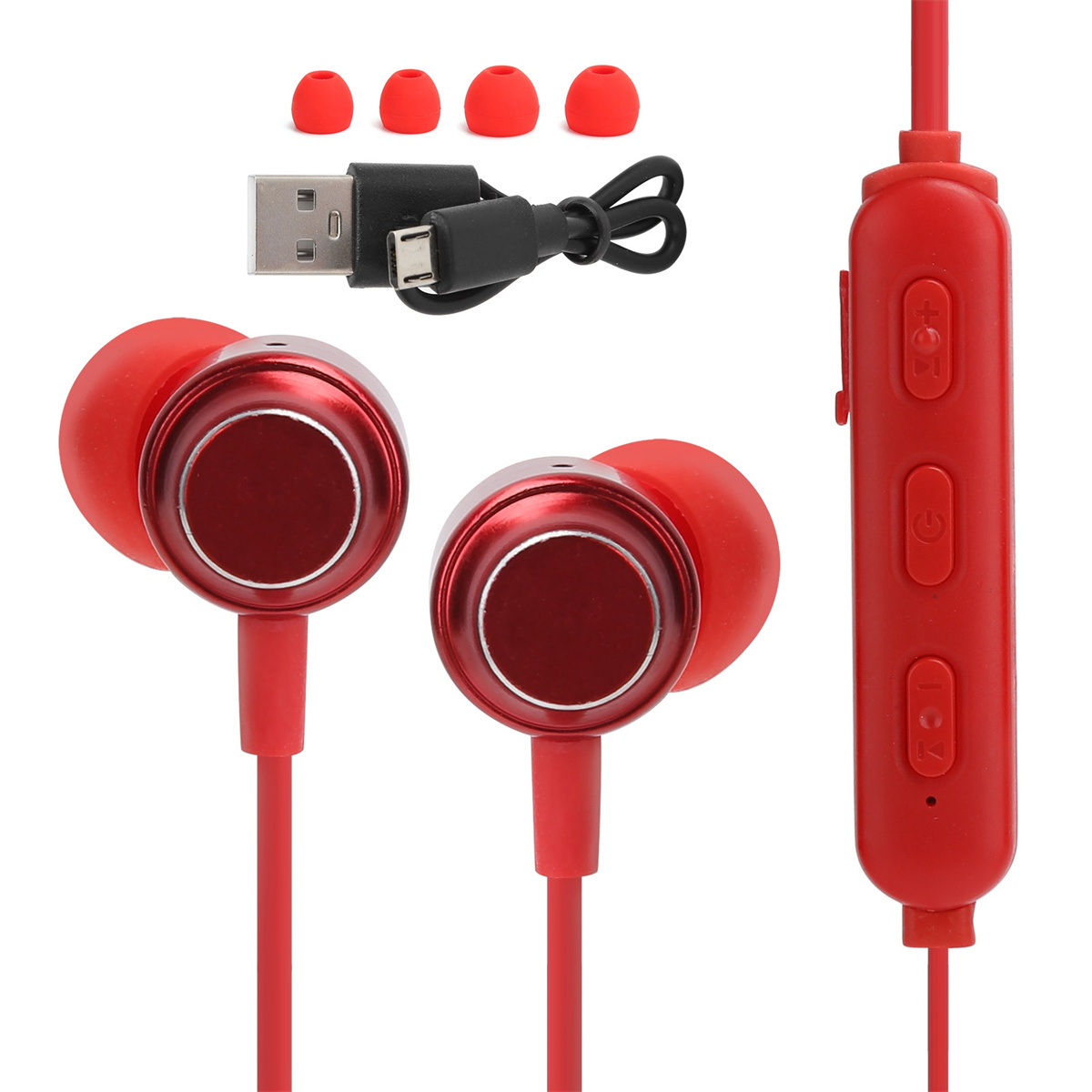 Rote Ohrhörer mit USB-Ladekabel und zusätzlichen Ohrstöpseln. Enthält ein Bedienfeld.