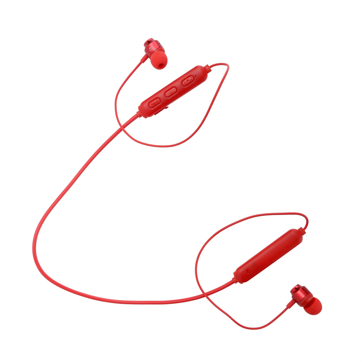 Rote kabellose Ohrhörer. Ein Kabel verbindet die Ohrhörer mit einem Bedienmodul mit Knöpfen.