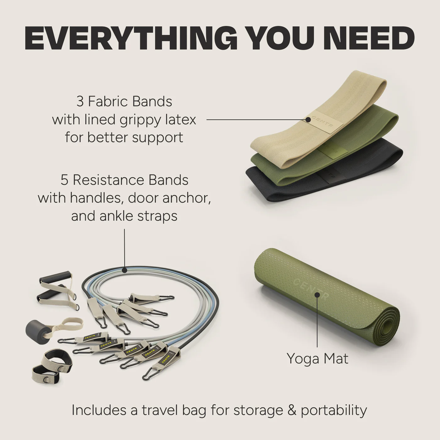 White background with fitness equipment including fabric bands, resistance bands, and a yoga mat.