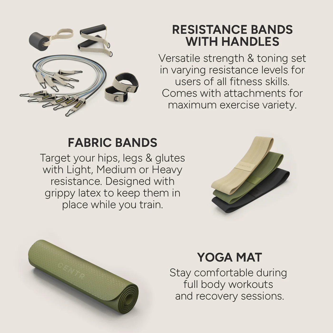 Image shows resistance bands with handles, fabric bands, and a yoga mat.