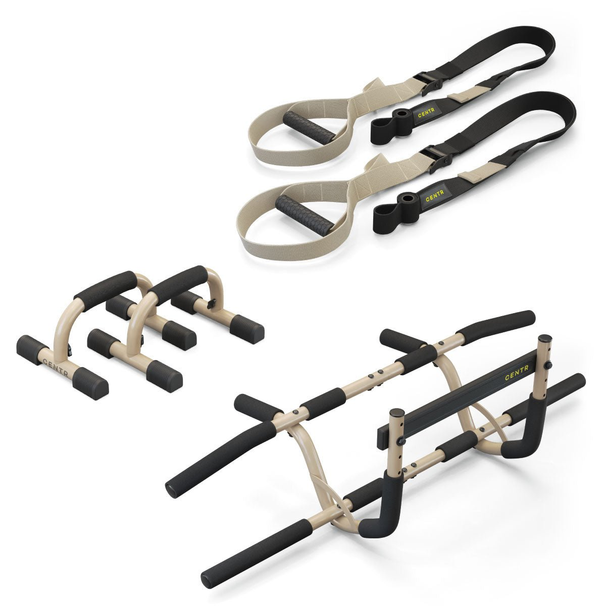Fitnessgeräte-Set: Gurte, Liegestützgriffe und Klimmzugstange. Beige und schwarz.