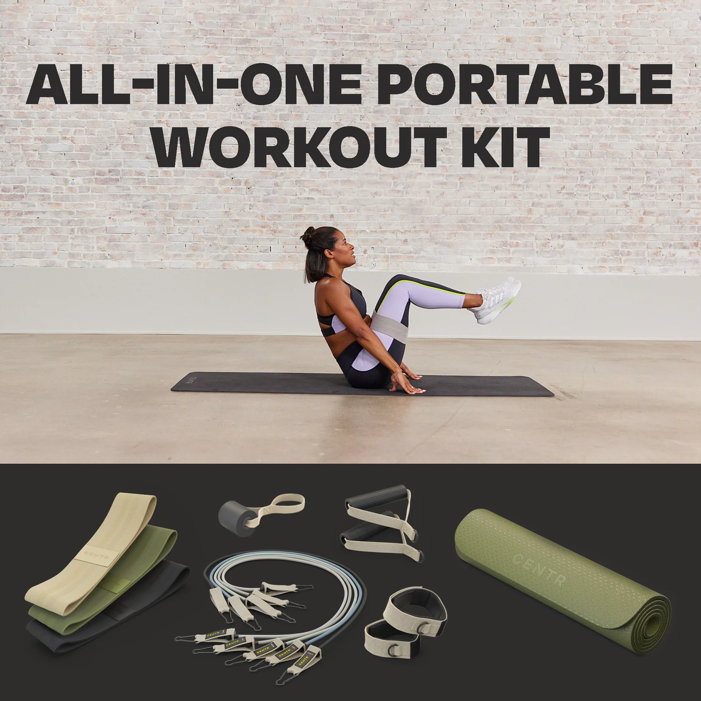 A woman exercising with bands and a mat. Workout kit elements are displayed below the woman.