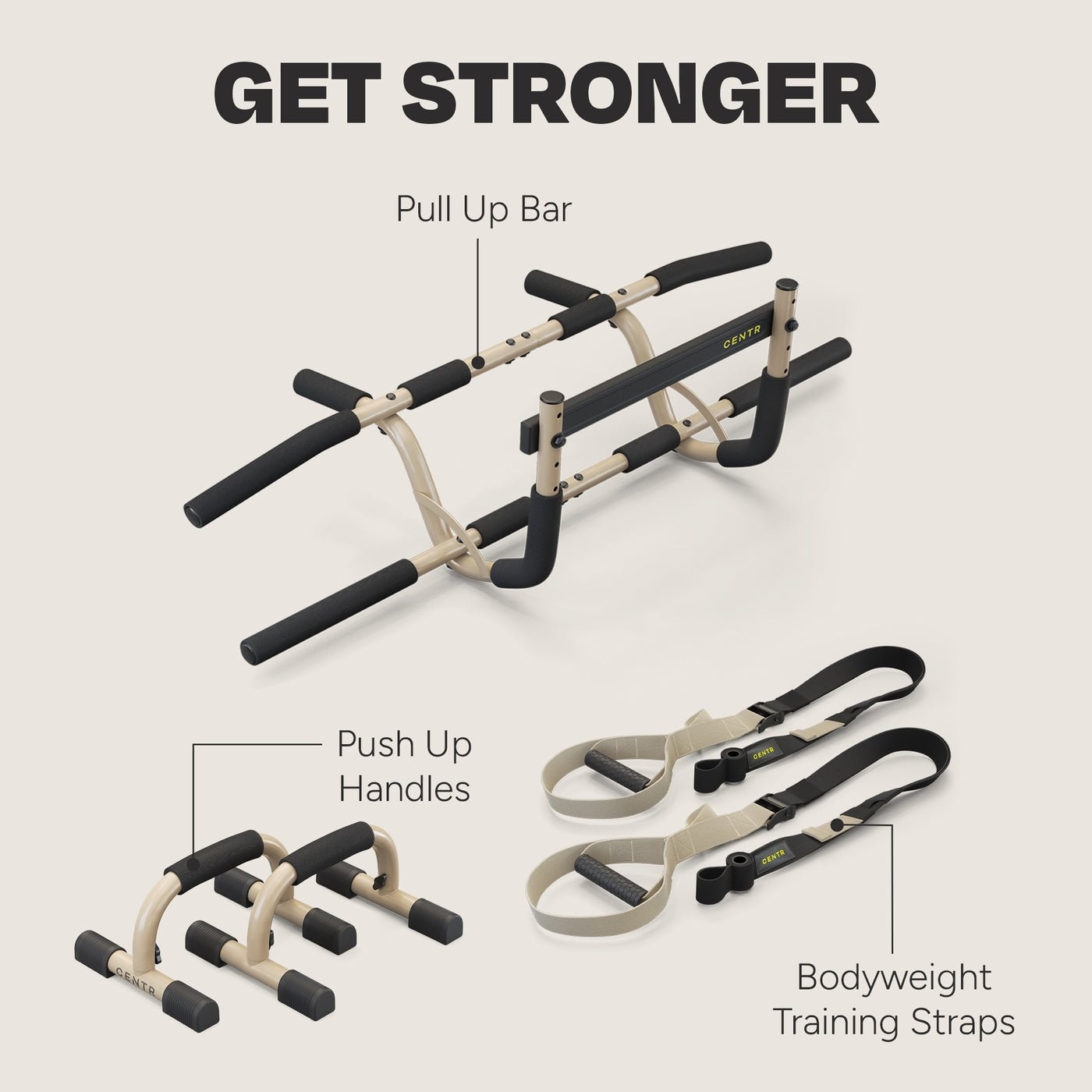 Fitnessgeräte, darunter eine Klimmzugstange, Liegestützgriffe und Körpergewichtstrainingsgurte, mit dem Text 'GET STRONGER'.