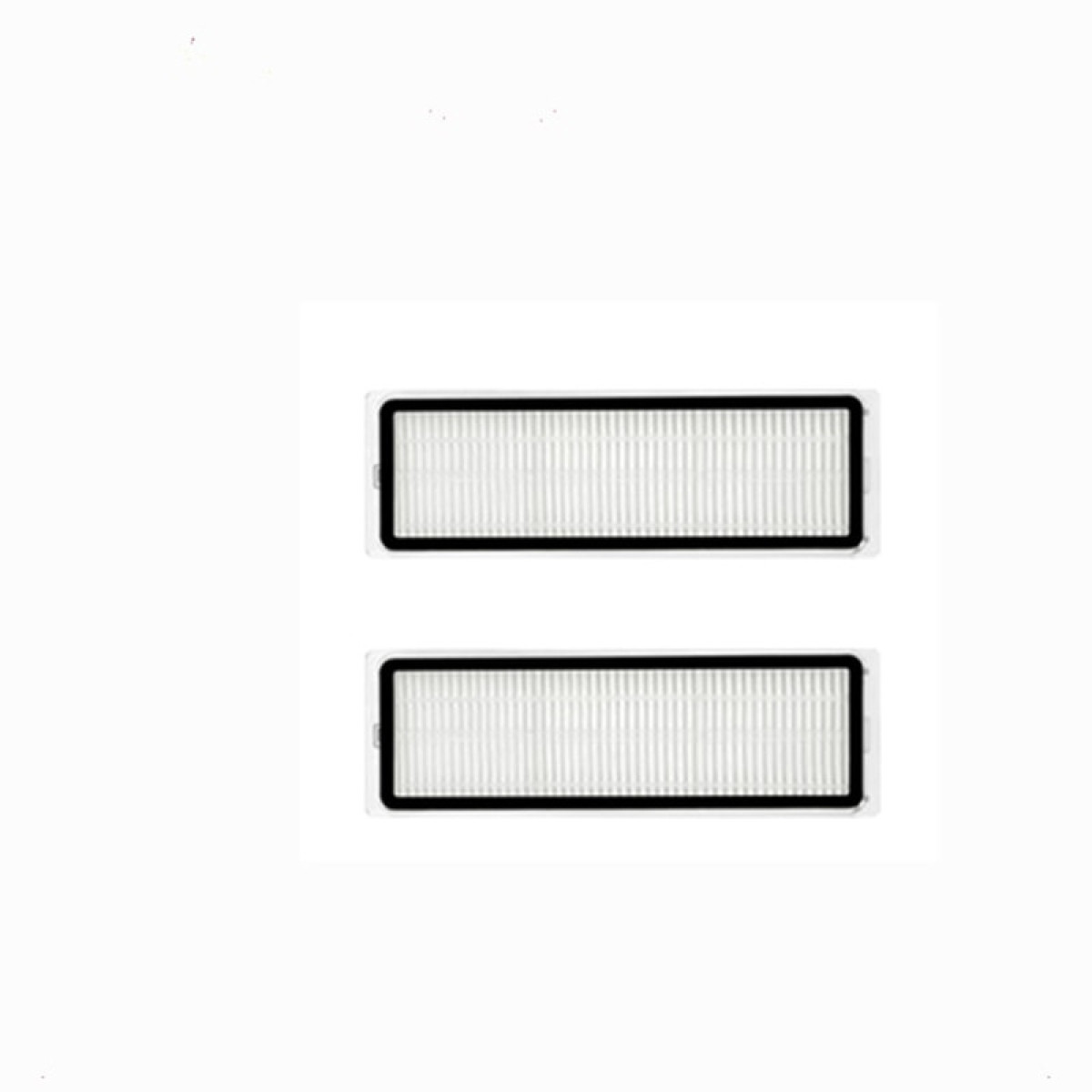 Zwei rechteckige Staubsaugerfilter mit schwarzen Rahmen. Sie sind weiß und haben ein gefaltetes Design.
