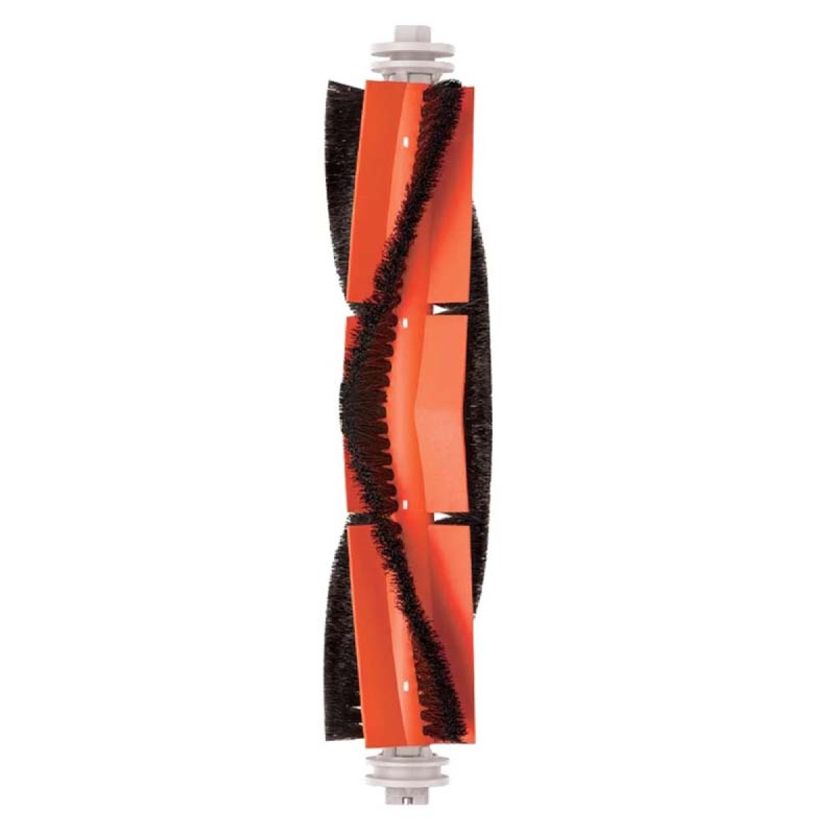 Orange und schwarze Staubsauger-Walzenbürste mit Borsten und zentralen orangefarbenen Klingen, weiße Endkappen.