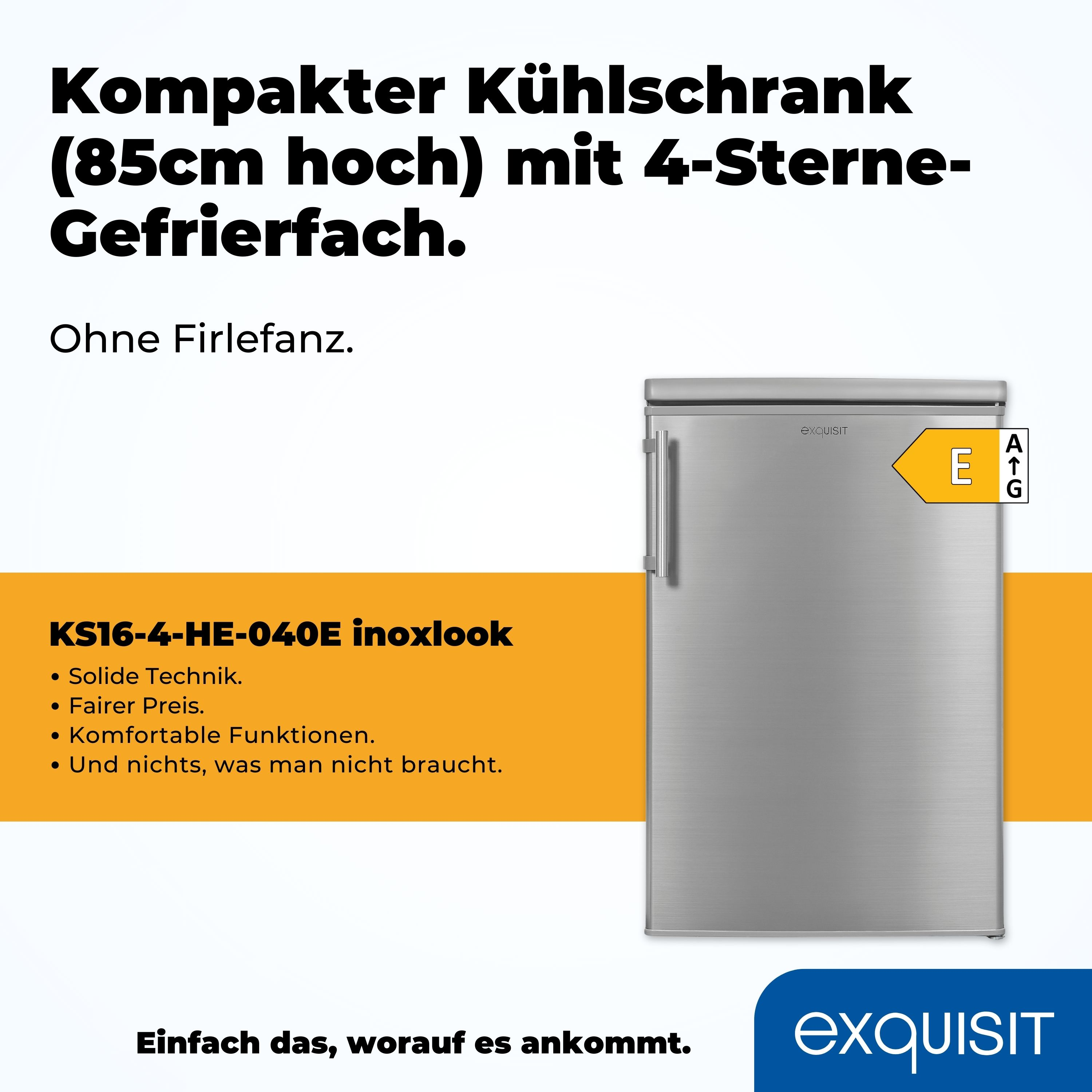 Silberner Kühlschrank mit deutschem Text. Er hat ein Energieeffizienzlabel und einen Türgriff.