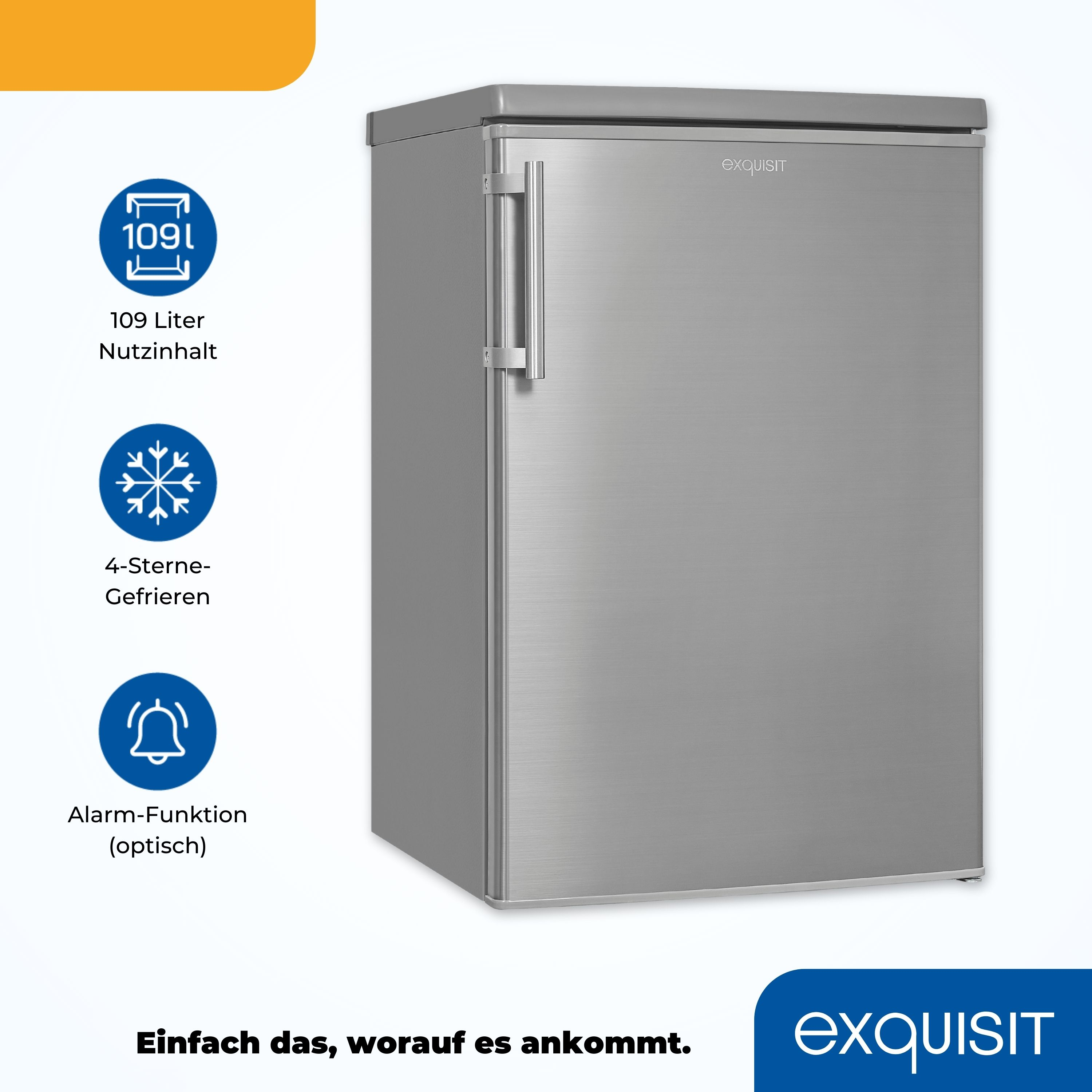 Ein silberner Kühlschrank mit Symbolen und Text an der Seite, isoliert auf weißem Hintergrund.