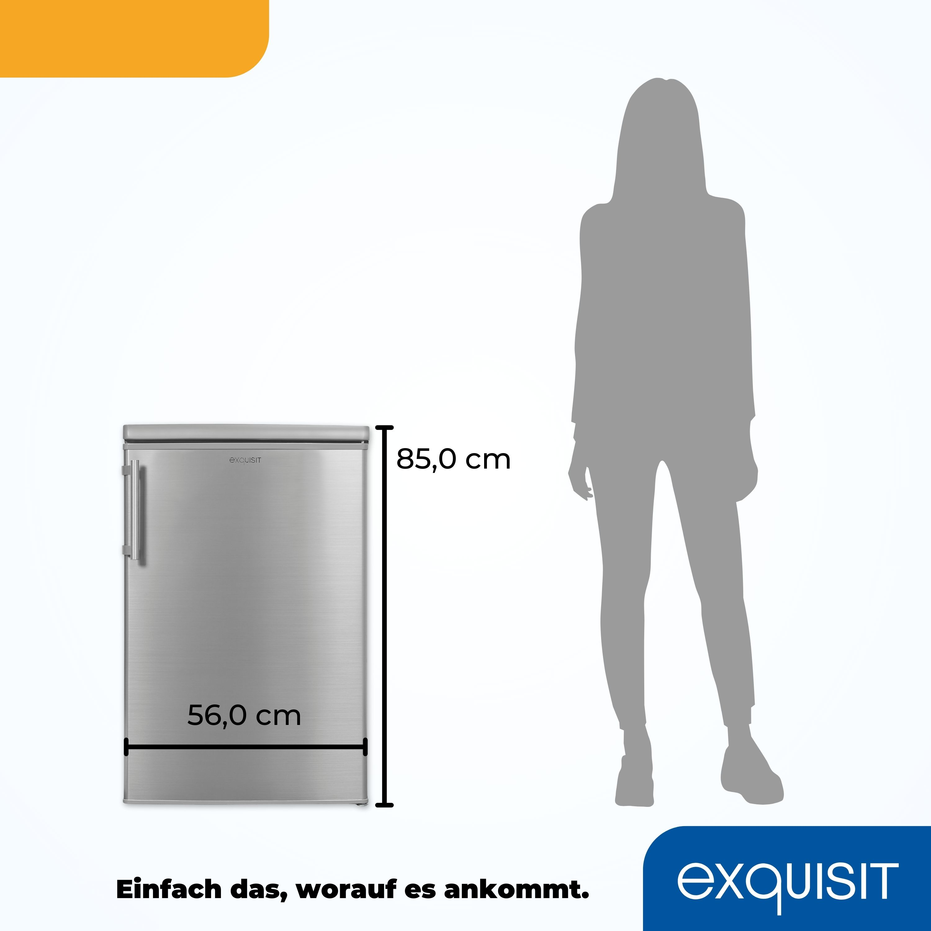Silberner Exquisit Gefrierschrank. Daneben steht die Silhouette einer Person. Maße sind mit cm-Angaben gezeigt.
