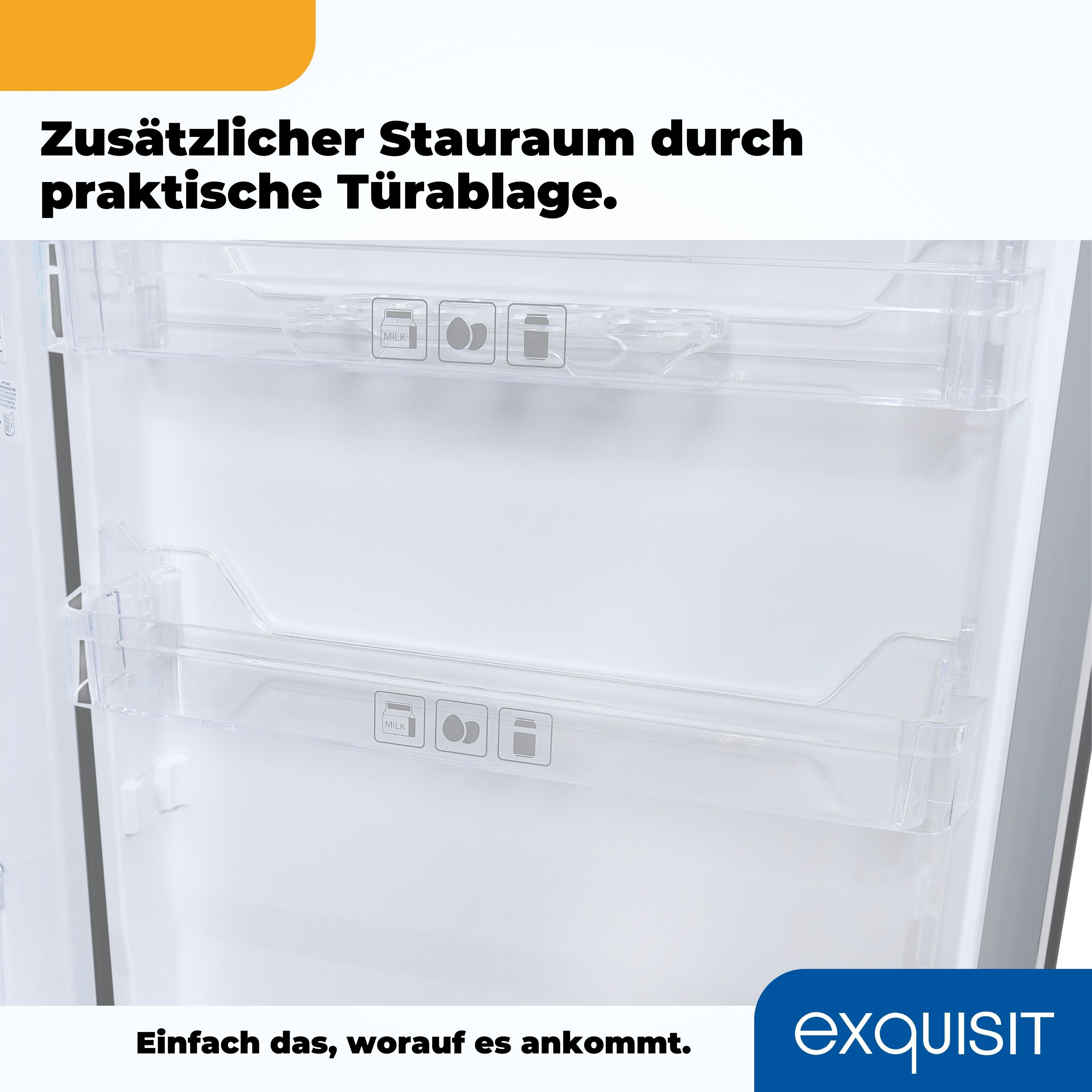 Kühlschrankinnenraum mit Regalen. Text lautet 'zusätzlicher Stauraum durch praktische Türablage'.