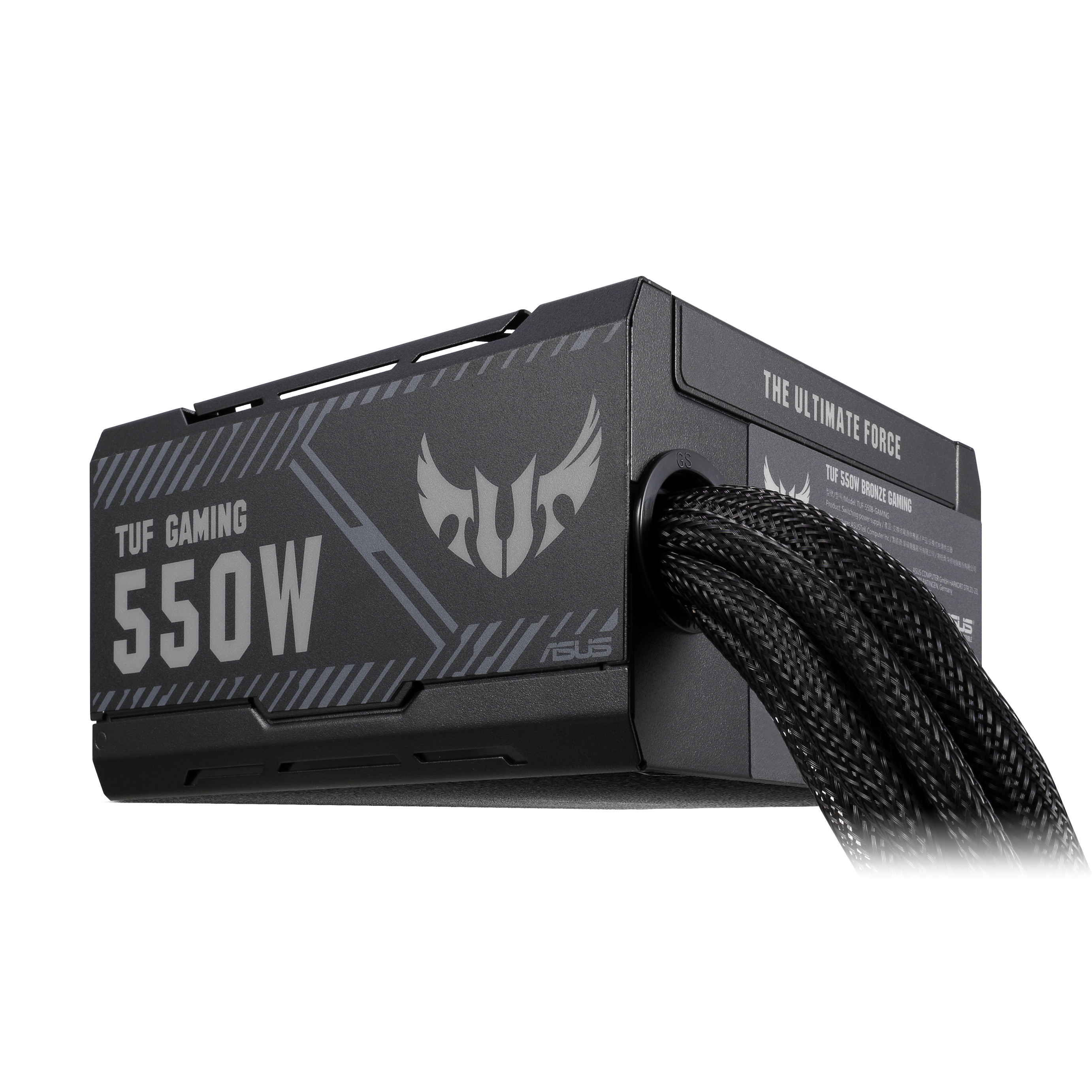 Uzanmış kablolarla siyah bir ASUS TUF Gaming 550W güç kaynağı ünitesi.