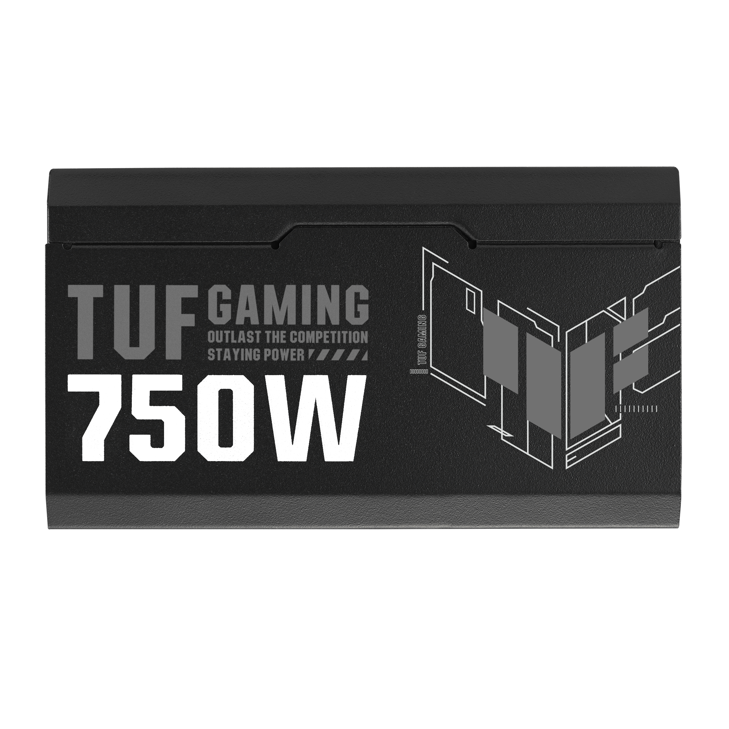 Czarny zasilacz TUF GAMING 750W. Biały tekst na przodzie. Logo po prawej stronie.