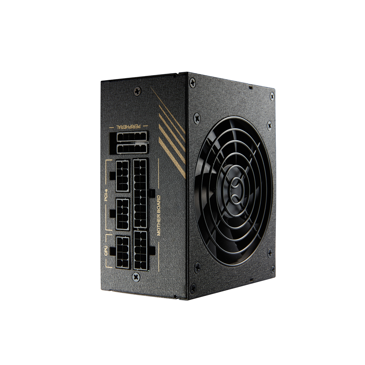 Een zwarte voedingseenheid met meerdere poorten en een ventilator. Het staat op een witte achtergrond. Het heeft een doosvorm.