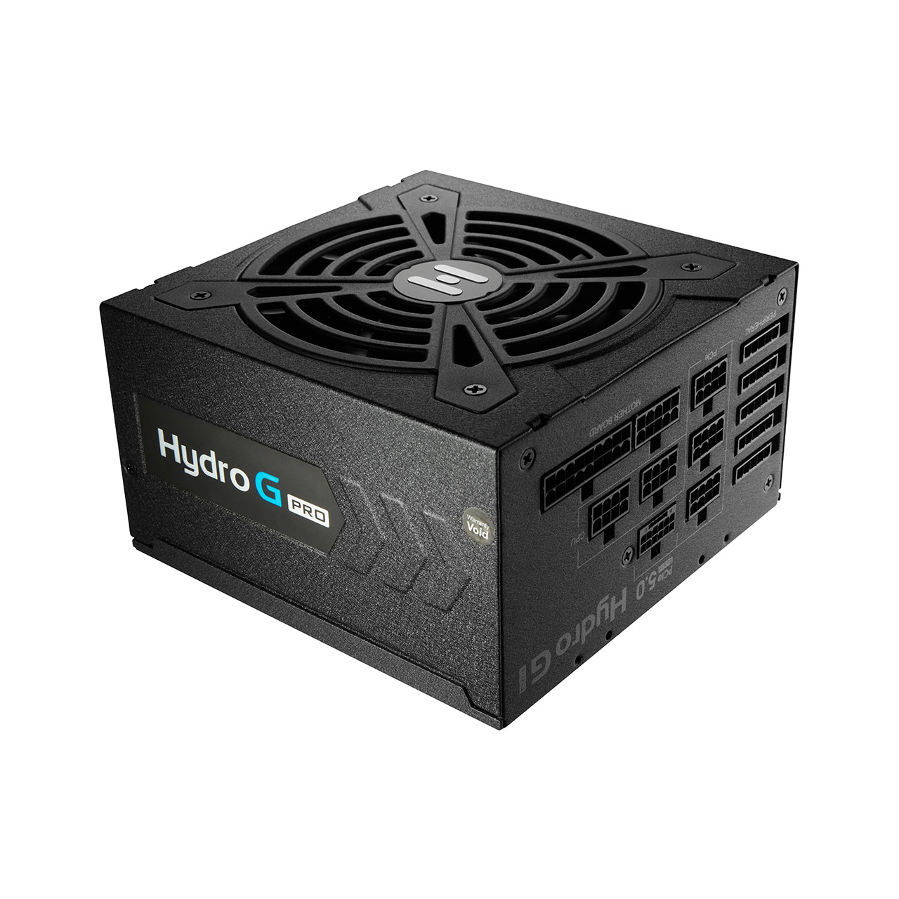 Siyah bilgisayar güç kaynağı. Bir fan ve bağlantı noktalarına sahip. Hydro G Pro metni ve logosu.