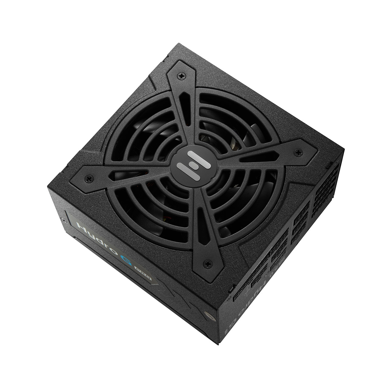 Siyah bir bilgisayar güç kaynağı ünitesi. Bir fan ızgarasına sahip ve 'Hydro S' marka adı görünüyor.