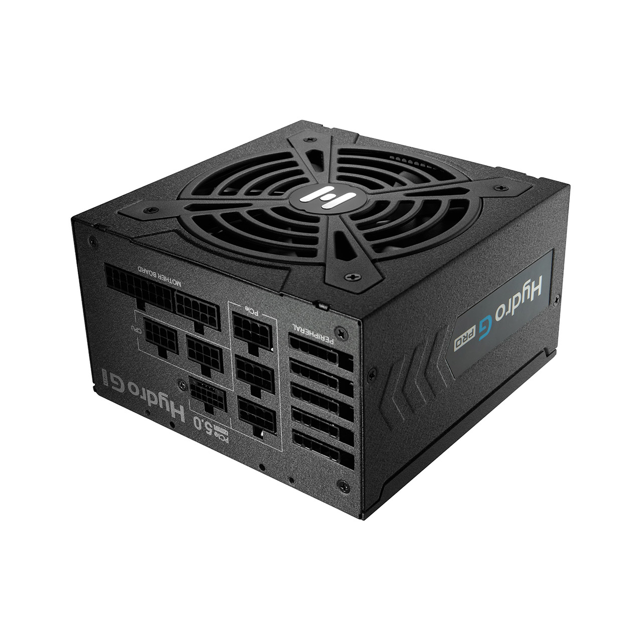 Siyah bilgisayar güç kaynağı. Çoklu bağlantı noktalarına ve bir fana sahip. Marka adı Hydro G Pro.