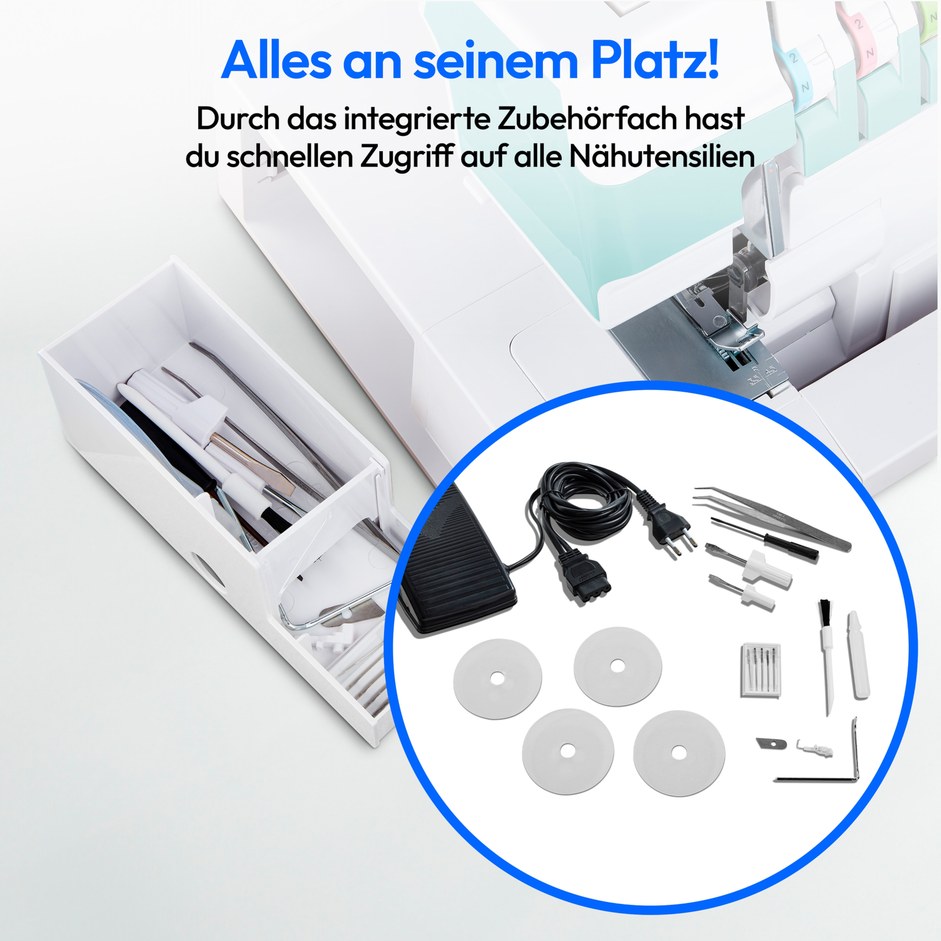 Akcesoria i narzędzia do maszyn do szycia są wyświetlane w białym pojemniku z maszyną do szycia w tle.