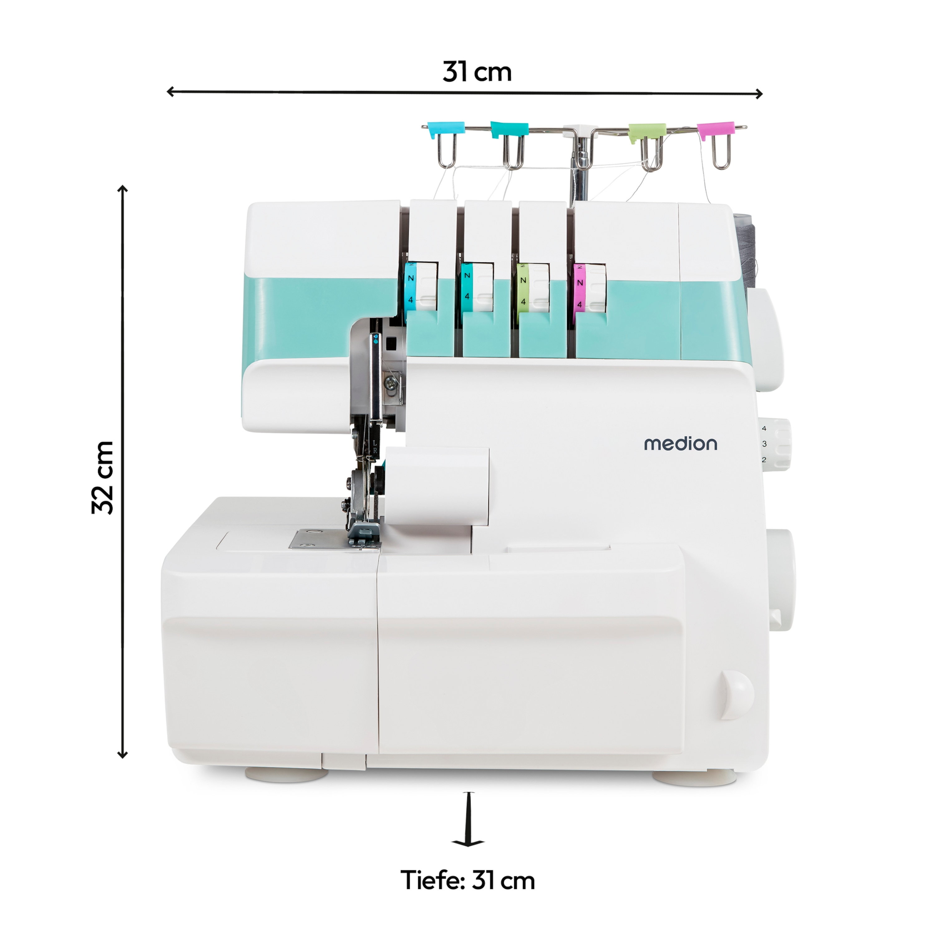 Biało-turkusowa owerlok z wymiarami: 31x32x31 cm.