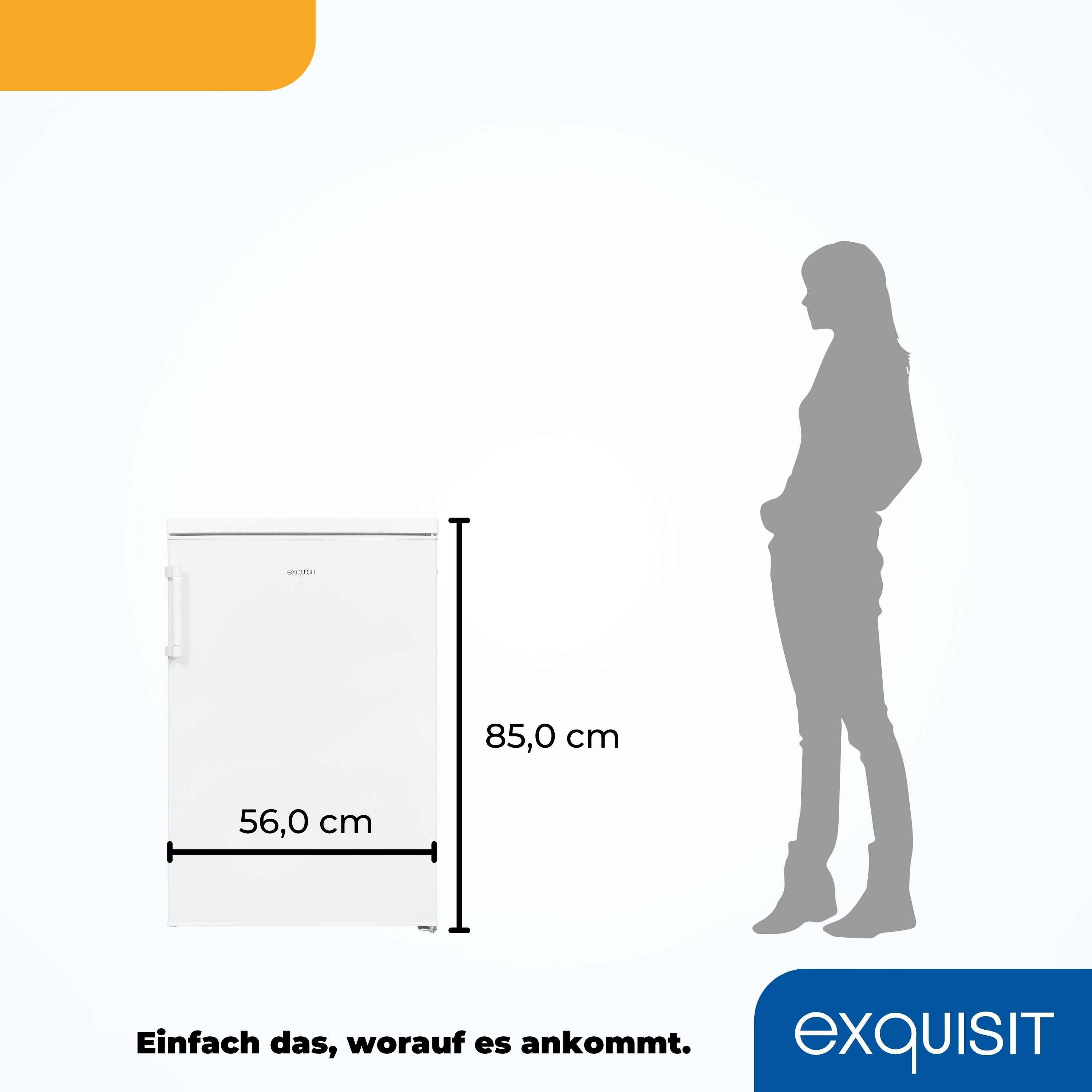 Weißer Kühlschrank neben einer grauen Silhouette einer Frau, mit Abmessungen und Produktname.